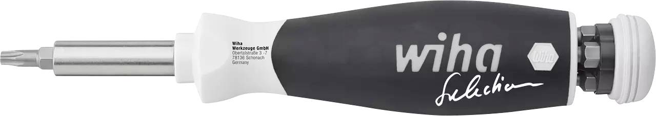 Ein schwarz-weißer Mehrbit-Schraubendreher mit ergonomischem Griff, gekennzeichnet als 'Wiha Selection'.