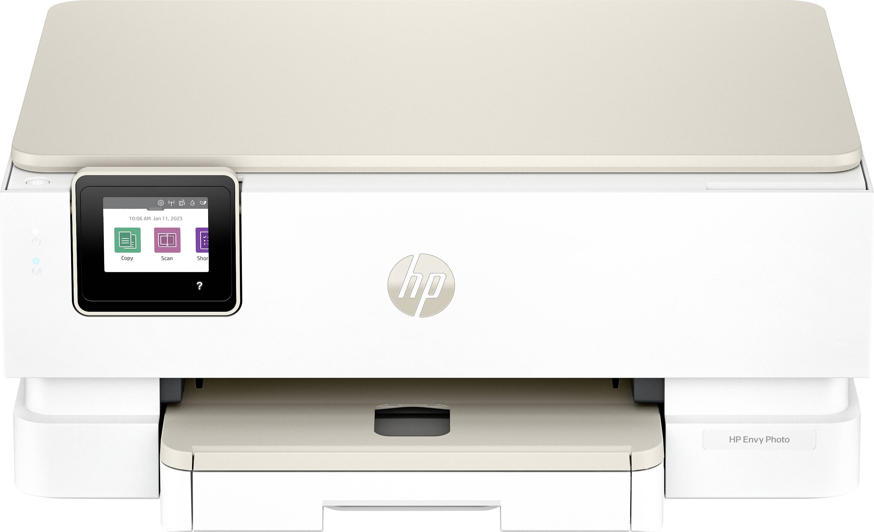 Ein weißer HP Envy Fotodrucker mit einem Touchscreen-Display, das Optionen für ‚Kopieren, Scannen, Drucken' zeigt.