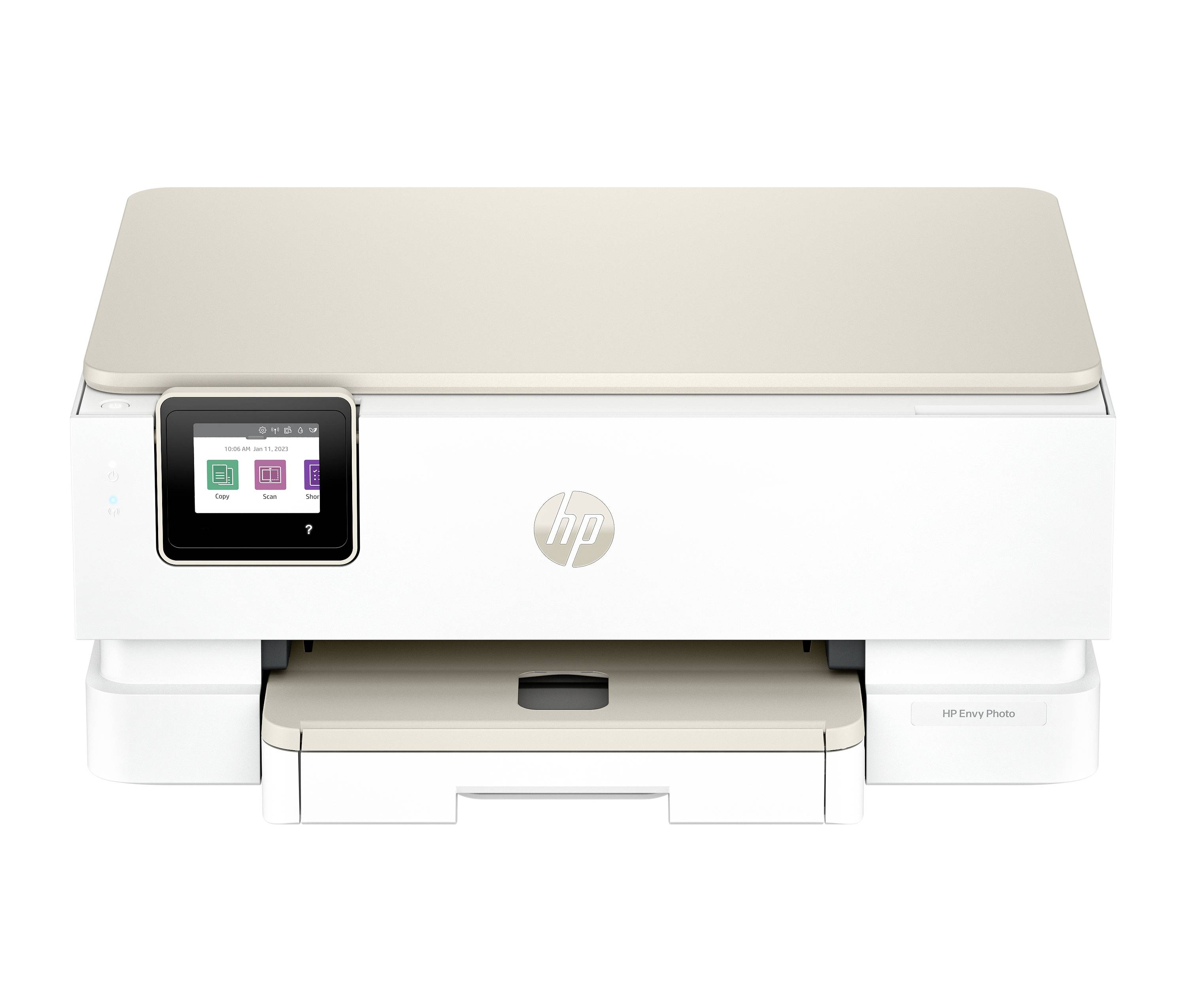 Frontansicht eines weißen HP-Multifunktionsdruckers mit beigem Oberteil, Touchscreen-Bedienfeld und vorderer Papierschublade.