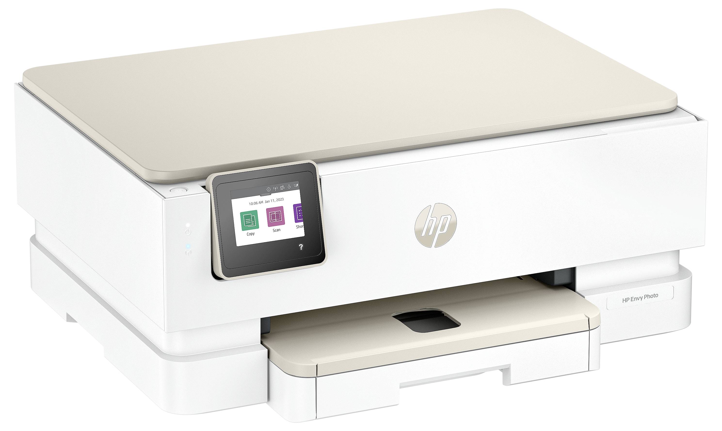 Ein weißer Multifunktionsdrucker mit einem Touchscreen, auf dem Symbole zum Kopieren, Scannen und Drucken angezeigt werden.