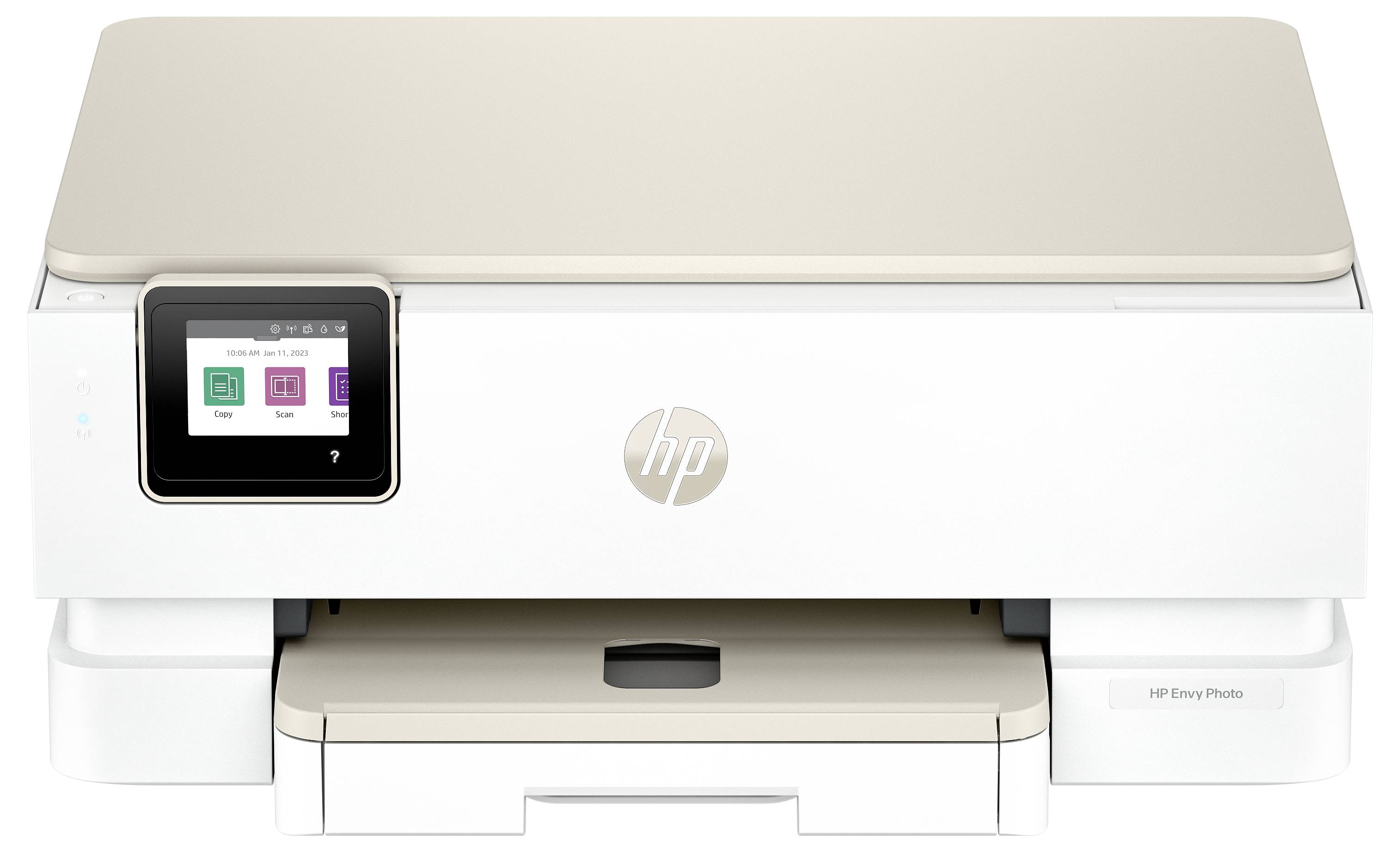 Vorderansicht eines HP Multifunktionsdruckers mit kleinem Touchscreen-Display und Papierfach, auf weißem Hintergrund dargestellt.