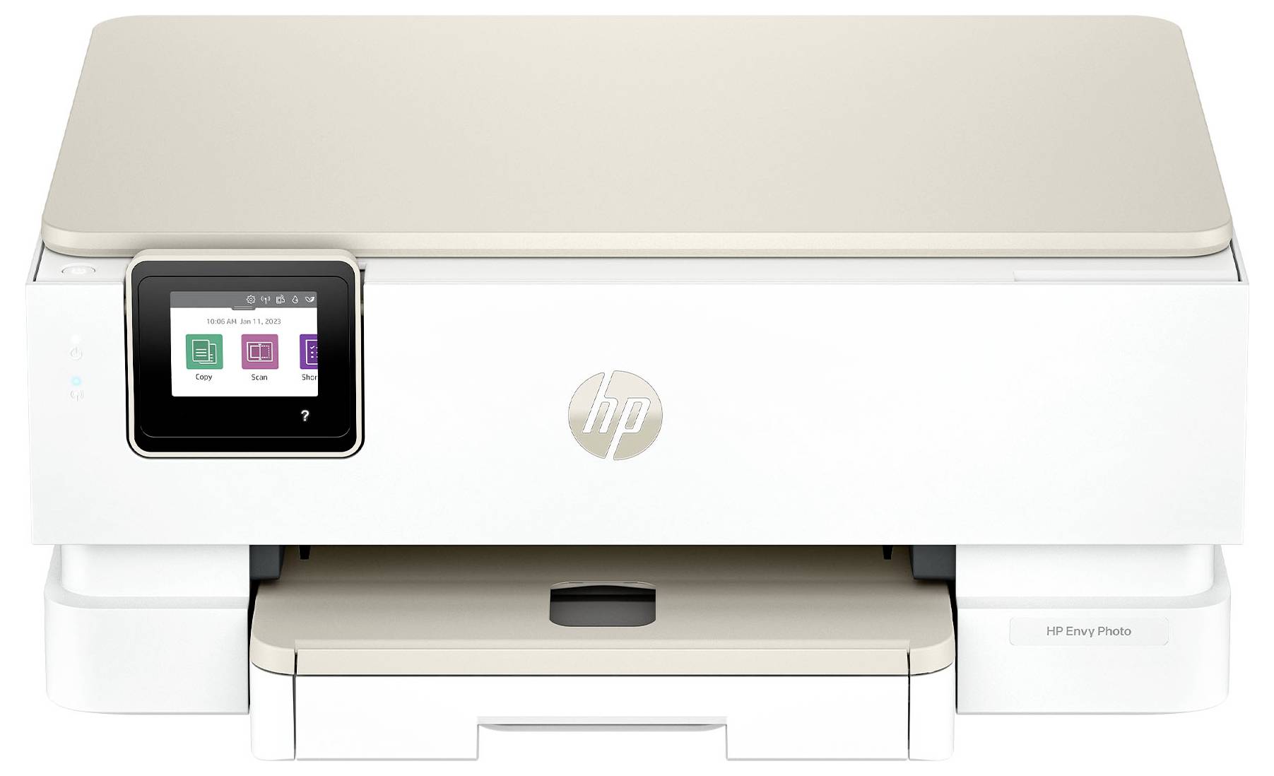 Ein weißer HP Envy Fotodrucker mit einem kleinen digitalen Display, das den Druckerstatus und Optionen anzeigt.