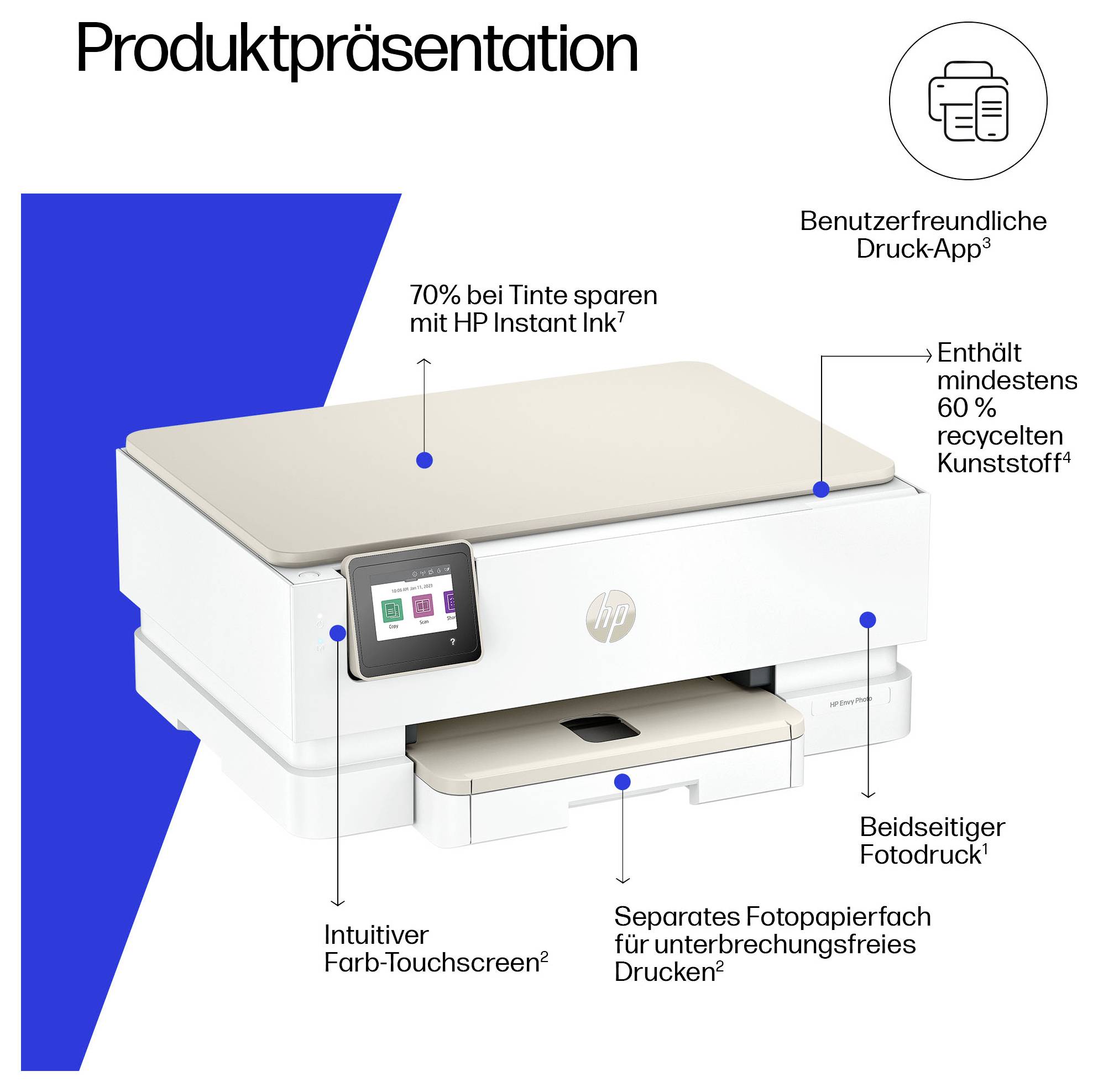 Produktpräsentation eines weißen HP-Druckers mit Touchscreen; hervorgehoben werden 70% Tintenersparnis, mindestens 60% recycelter Kunststoff und beidseitiger Druck.