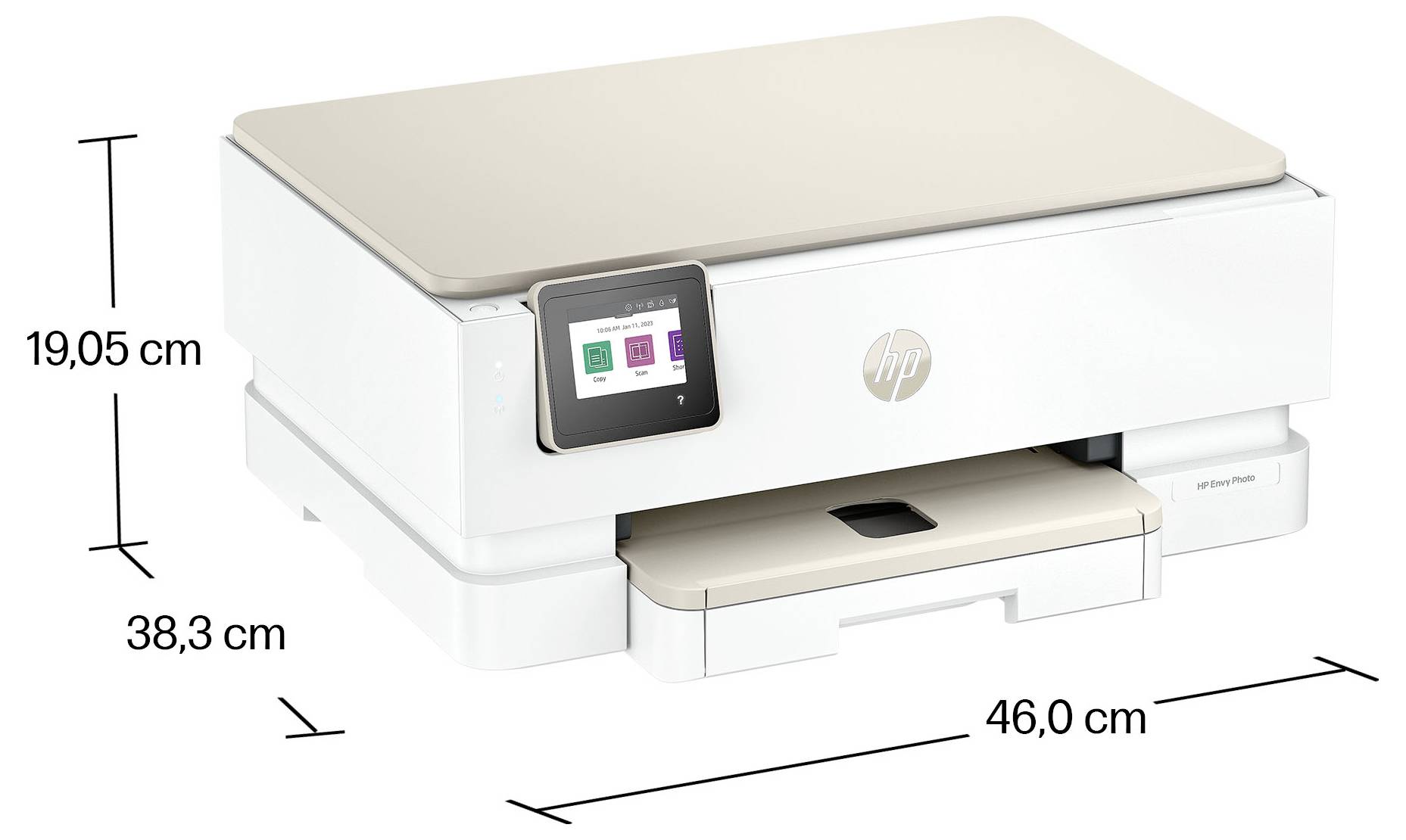 Weißer HP Multifunktionsdrucker mit Touchscreen-Display, gezeigt mit Abmessungen von 46,0 cm Breite, 38,3 cm Tiefe und 19,05 cm Höhe.