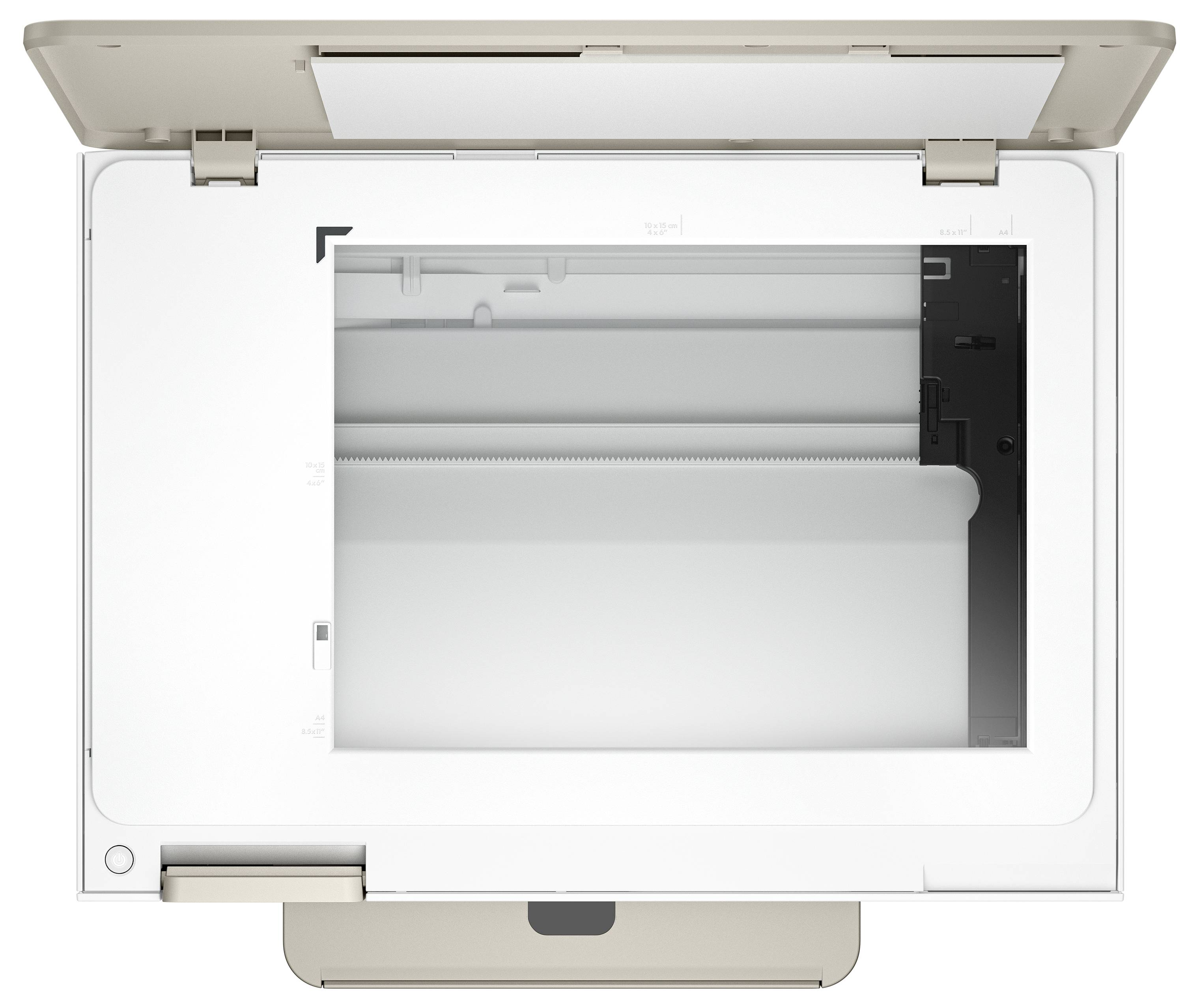 Eine Draufsicht eines geöffneten Flachbettscanners mit weißem Deckel, transparenter Glasoberfläche und sichtbarem Scanbereich.