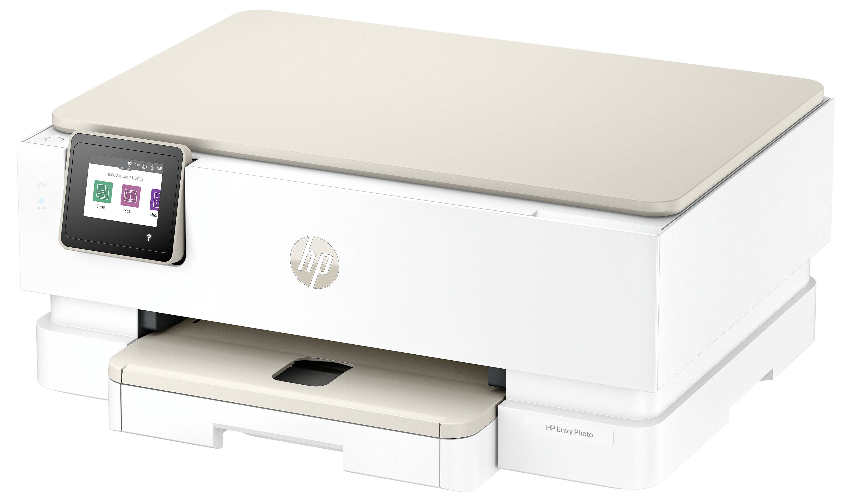 Weißer HP-Multifunktionsdrucker mit Touchscreen-Bedienfeld und offener Papierschublade auf einfachem weißem Hintergrund.