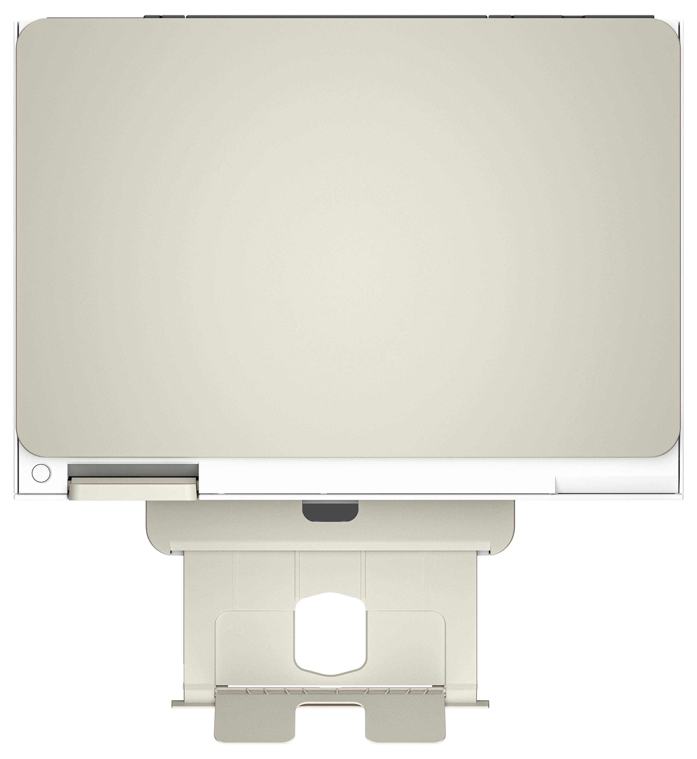 Ein beiger Stehschreibtisch, von oben betrachtet, mit einer flachen Oberfläche und einer Tragstruktur, entwickelt für eine ergonomische Arbeitsplatzgestaltung.