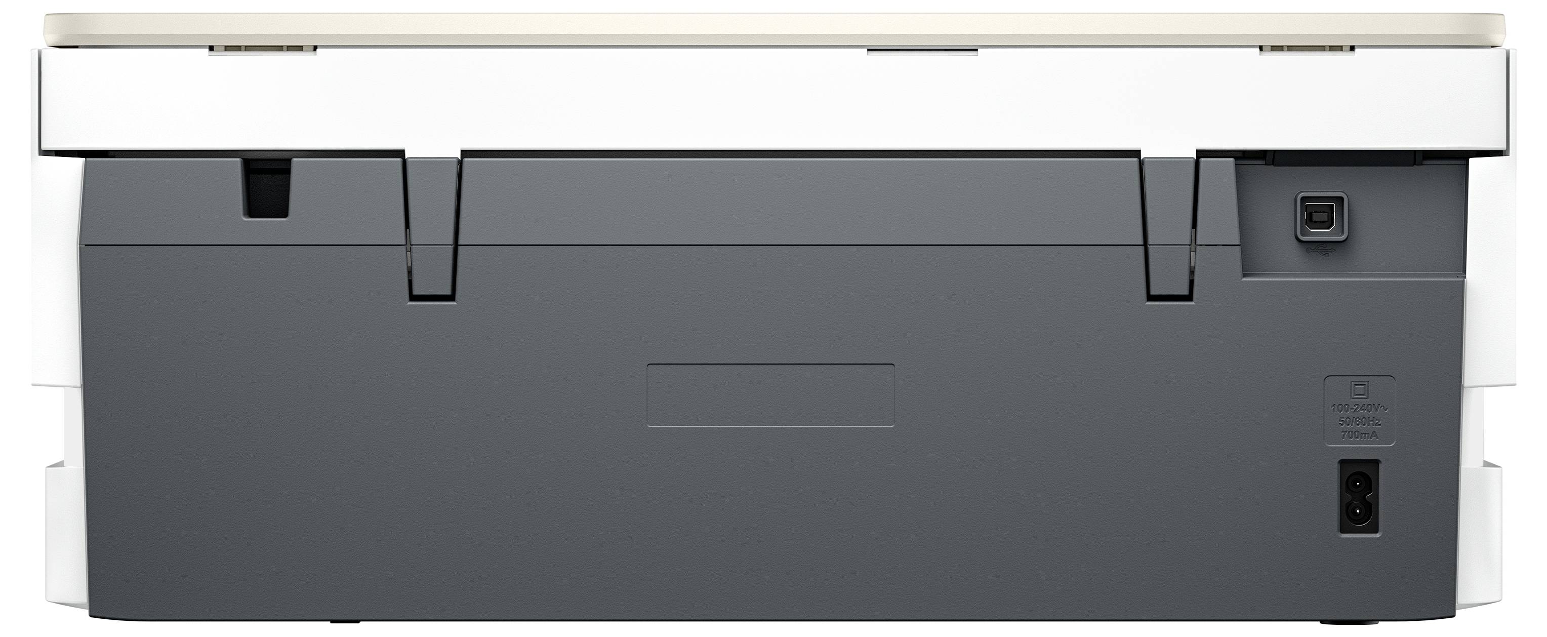 Rückansicht eines weißen und grauen Druckers, der Anschlüsse und Stromverbindungen auf der unteren rechten Seite zeigt.