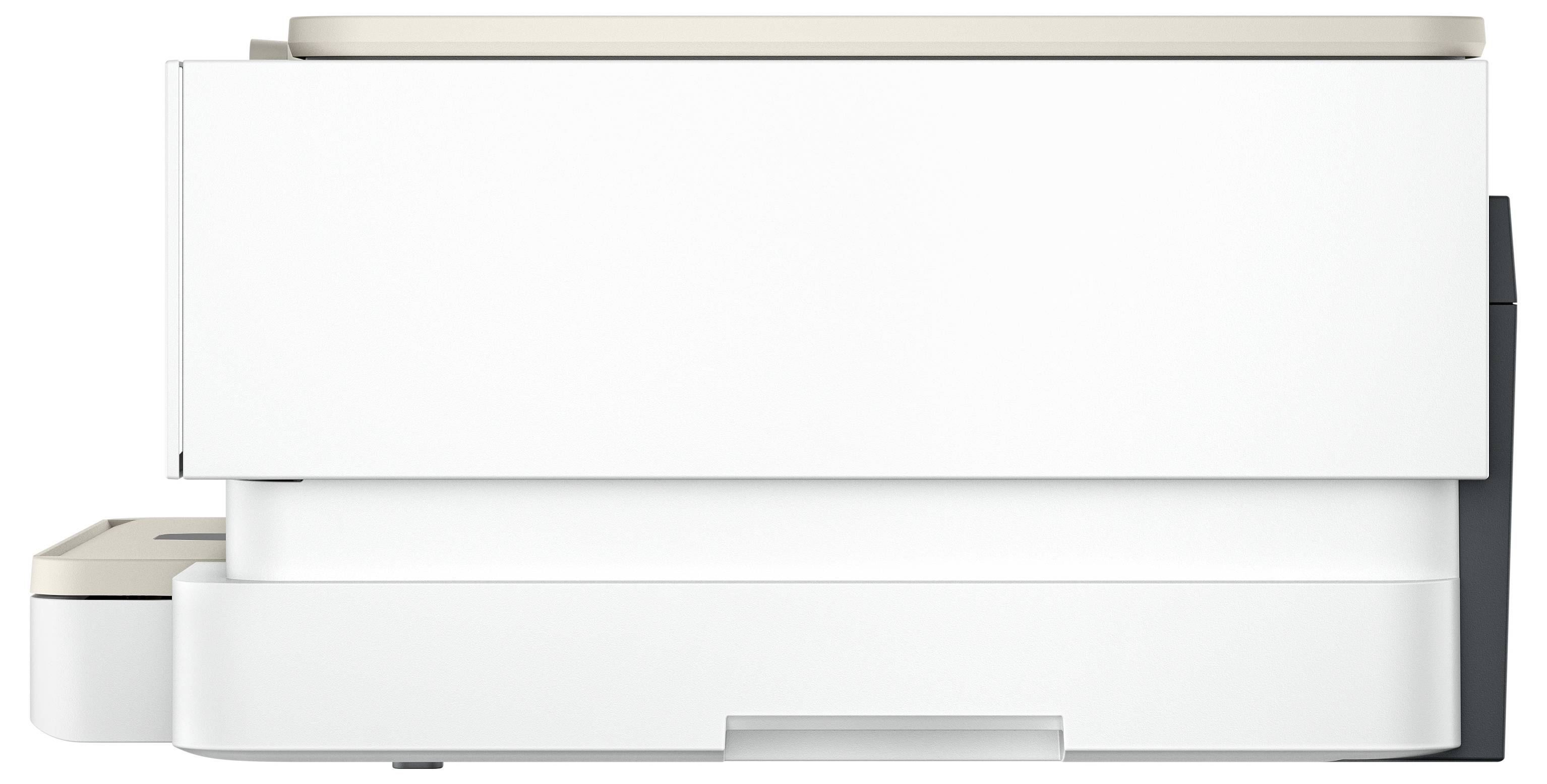Ein weißer und beiger Drucker mit elegantem, modernem Design, von der Seite betrachtet, der seinen Papierfach und Bedienfeld zeigt.