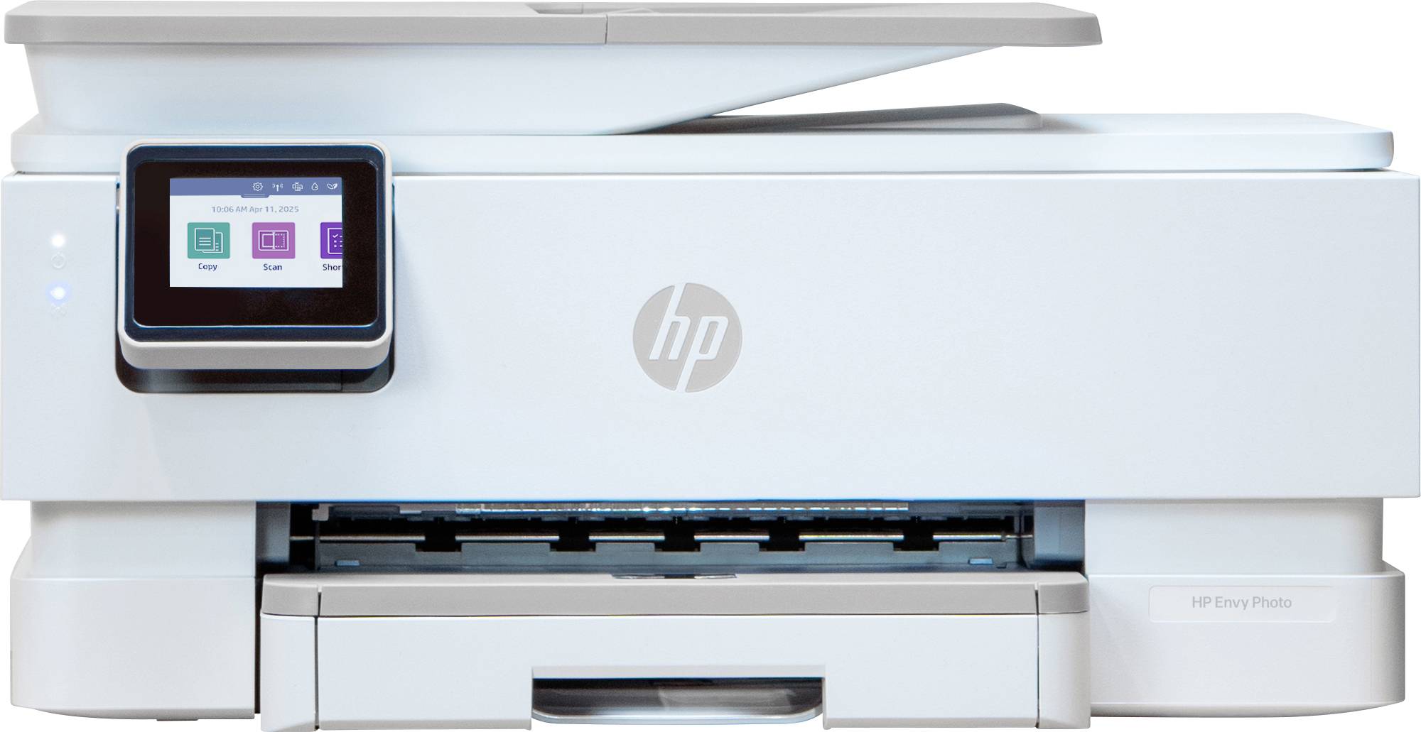 Weißer HP-Drucker mit Displaybildschirm, der Icons für Kopieren, Scannen und Drucken zeigt.