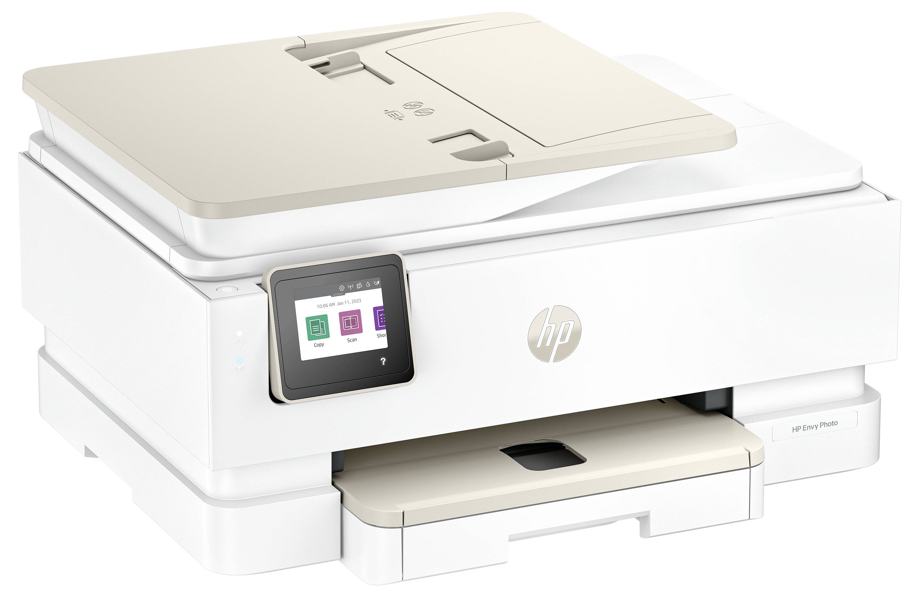 Ein weißer Multifunktionsdrucker mit einem Touchscreen-Display, das Symbole für Drucken, Kopieren und Scannen zeigt und das HP-Logo trägt.