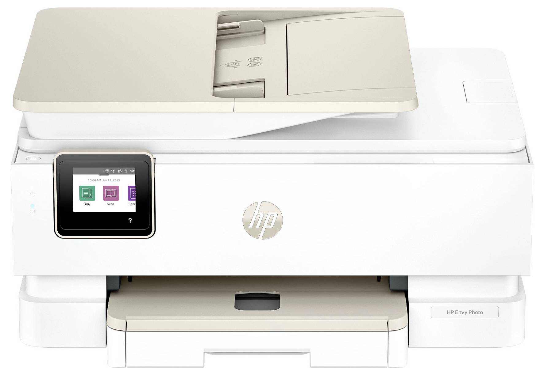 Vorderansicht eines weißen HP Multifunktionsdruckers mit geöffnetem Scanner-Deckel und sichtbarem Touchscreen-Bedienfeld.