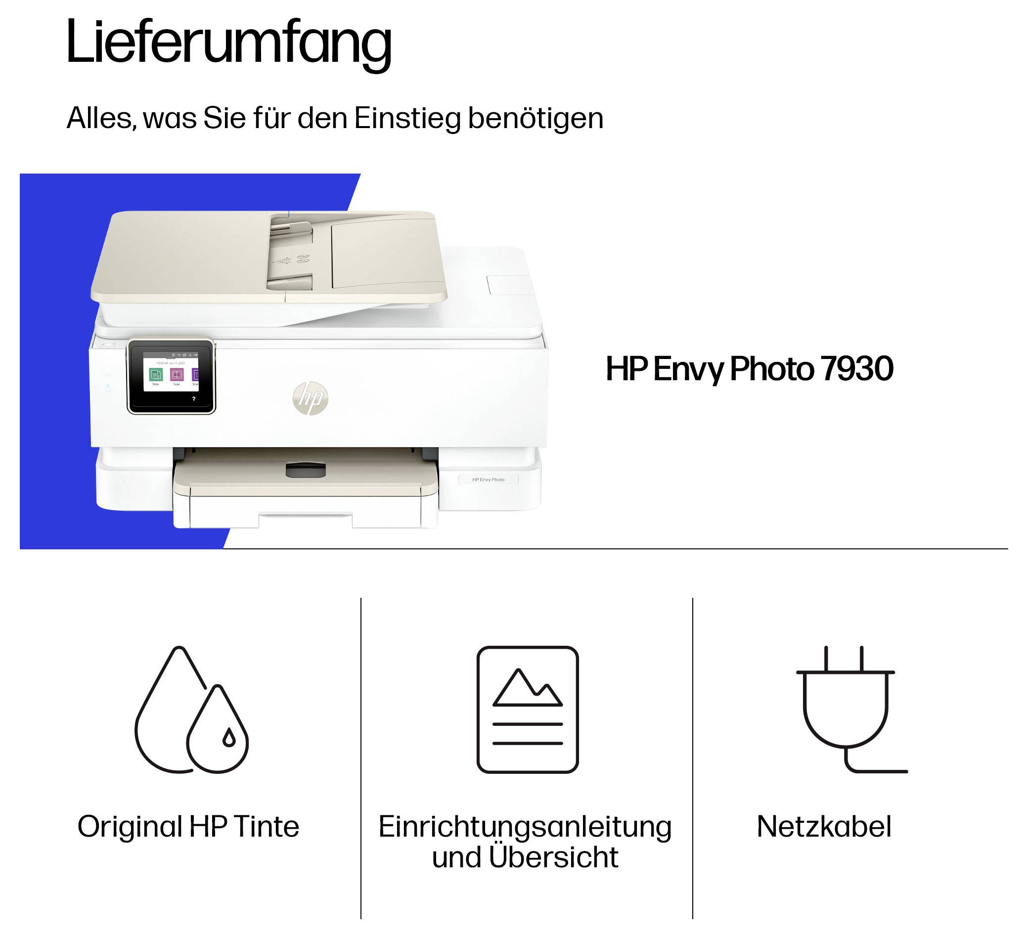 Lieferumfang für HP Envy Photo 7930: Drucker, Original HP Tinte, Einrichtungsanleitung und Übersicht sowie Netzkabel.