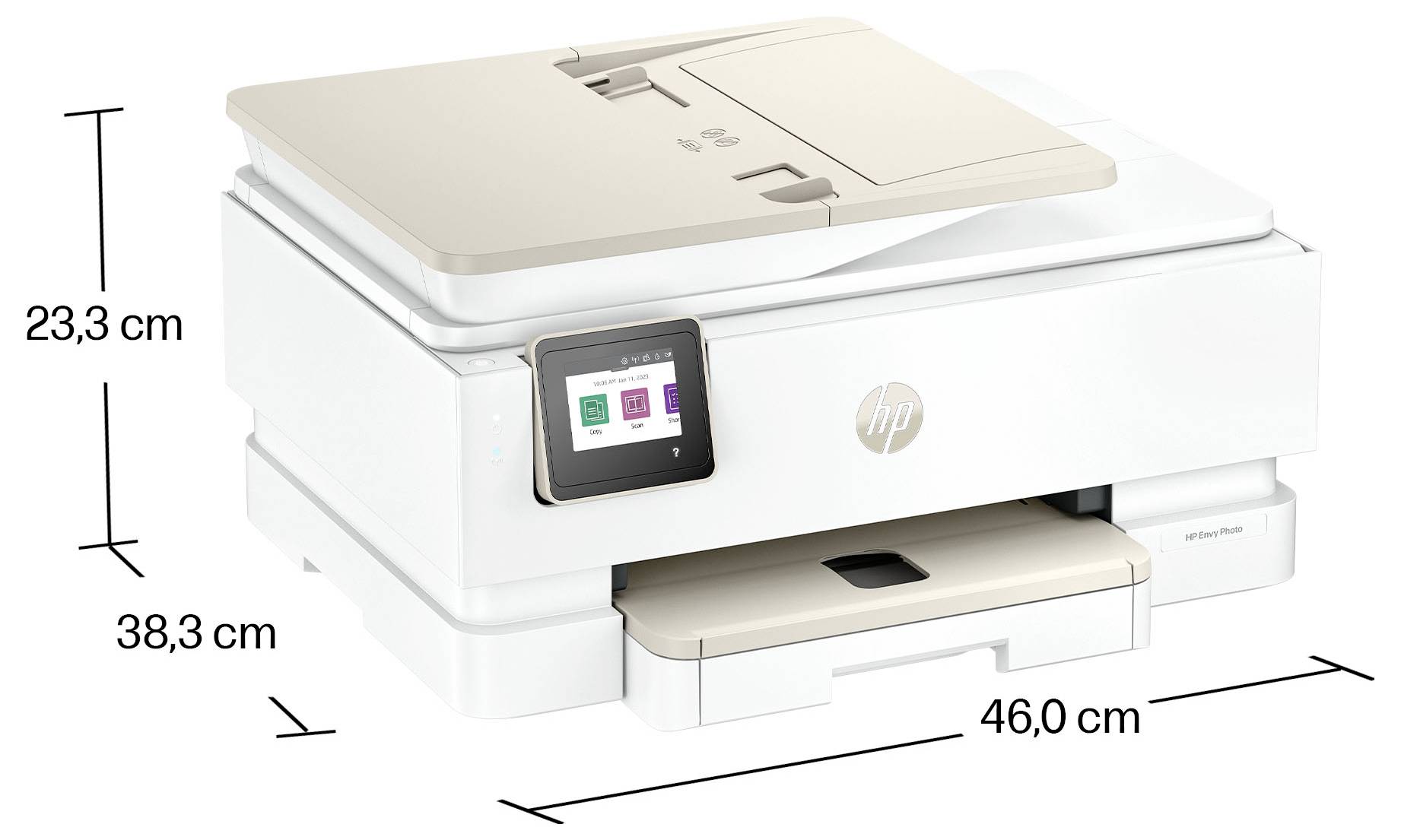 Weißer HP-Multifunktionsdrucker in Perspektivansicht mit beschrifteten Abmessungen: 46,0 cm breit, 38,3 cm tief und 23,3 cm hoch.