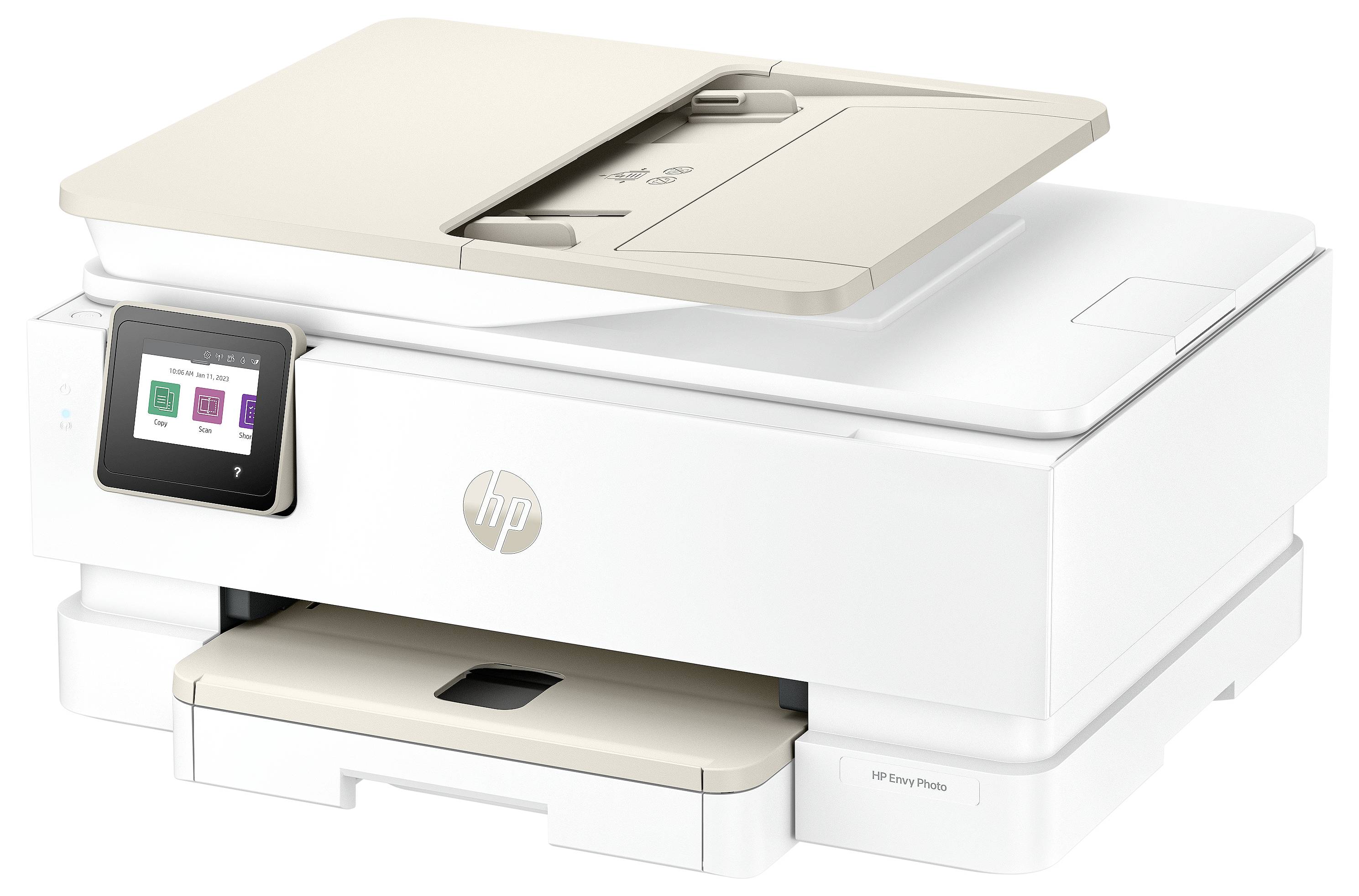 Weißer HP Multifunktionsdrucker mit Flachbettscanner, Touchscreen-Bedienfeld und Ausgabefach, auf weißem Hintergrund dargestellt.