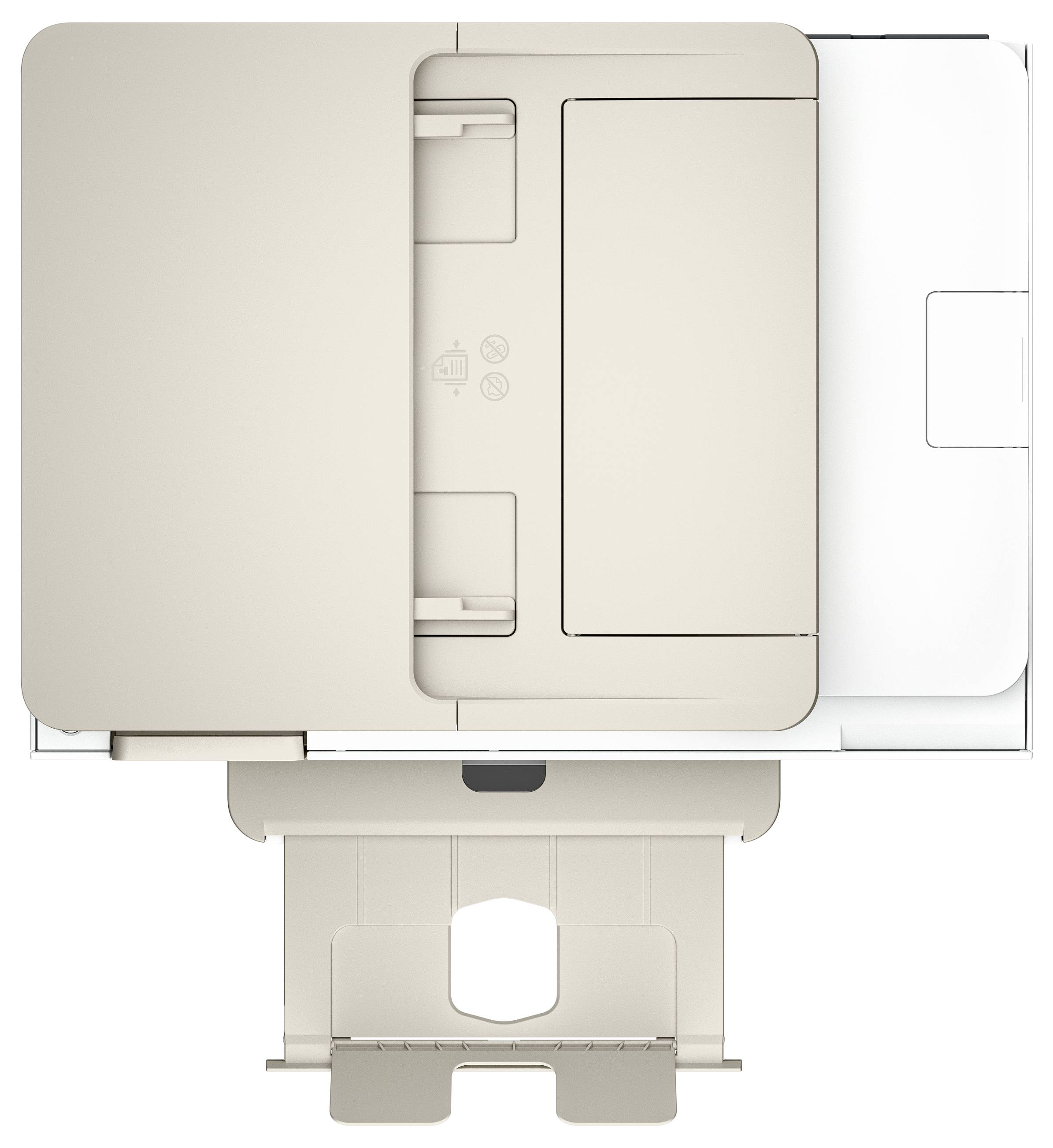 Draufsicht eines hellbeigen, modernen Druckers mit einer nach vorne ausgefahrenen Papierschublade, entwickelt für effiziente Nutzung im Heim- oder Bürobereich.