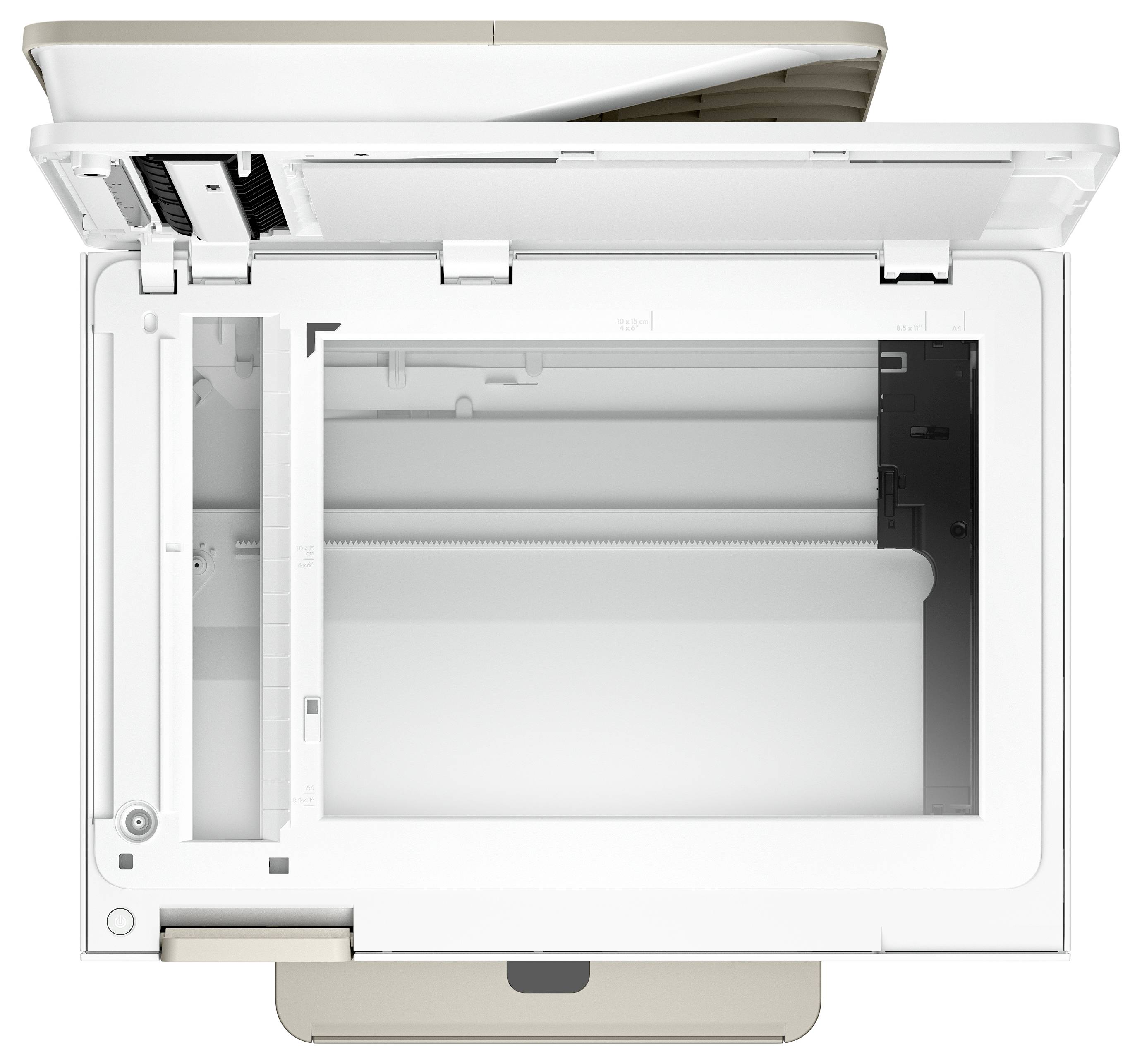 Draufsicht auf einen offenen weißen Drucker/Scanner mit angehobenem Deckel, der das gläserne Scanenbett und den internen Mechanismus zeigt.