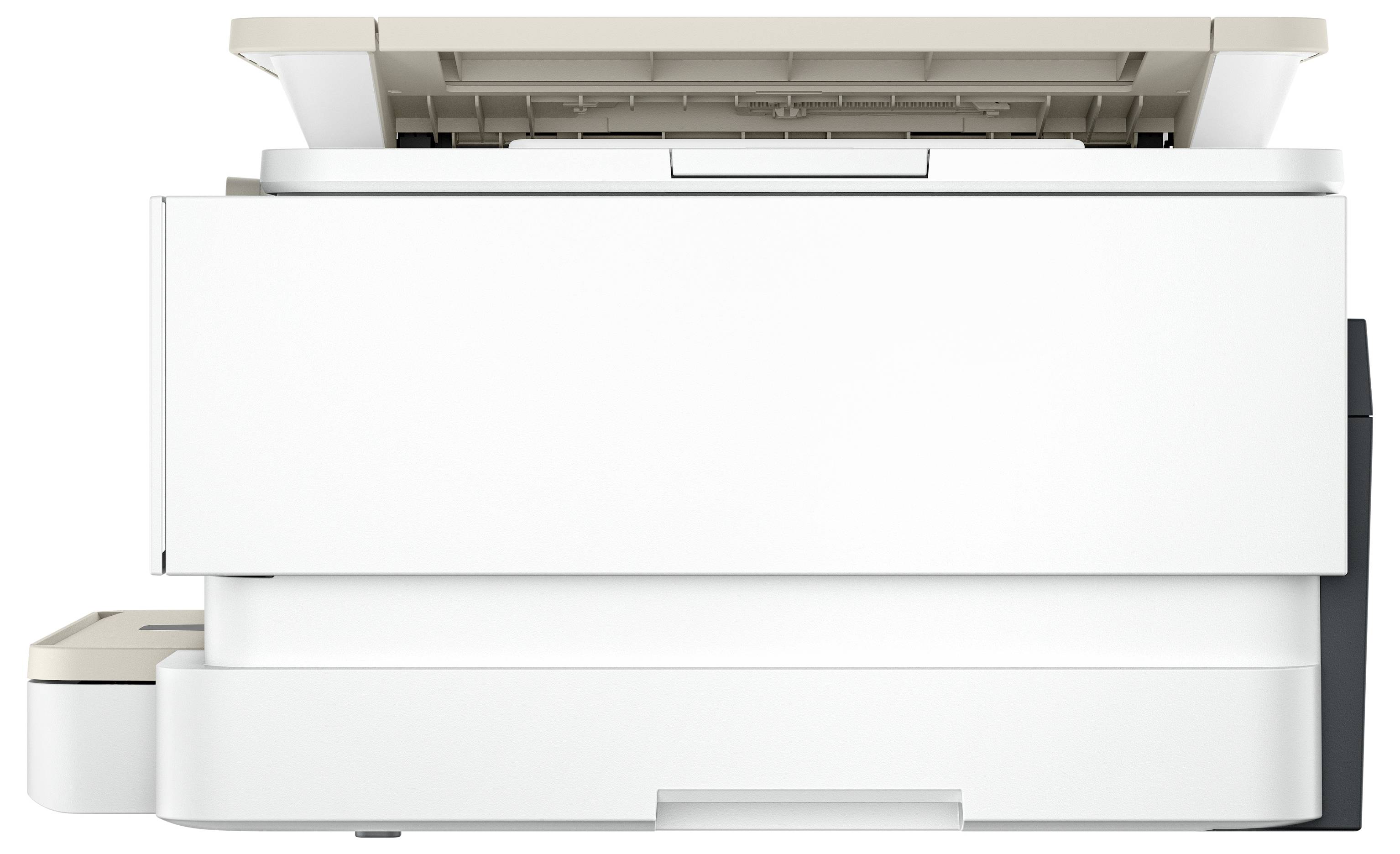 Ein weißer Multifunktionsdrucker mit offenem Deckel, bereit zum Scannen oder Kopieren.