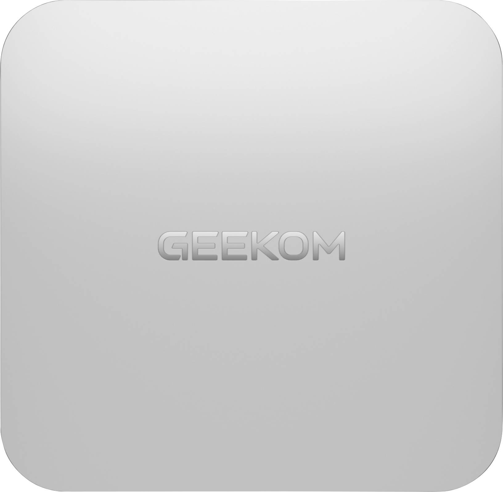 Ein weißer quadratischer Behälter mit dem Markennamen 'GEEKOM', der mittig eingeprägt ist, vermutlich eine Produktverpackung oder ein Gerätegehäuse.
