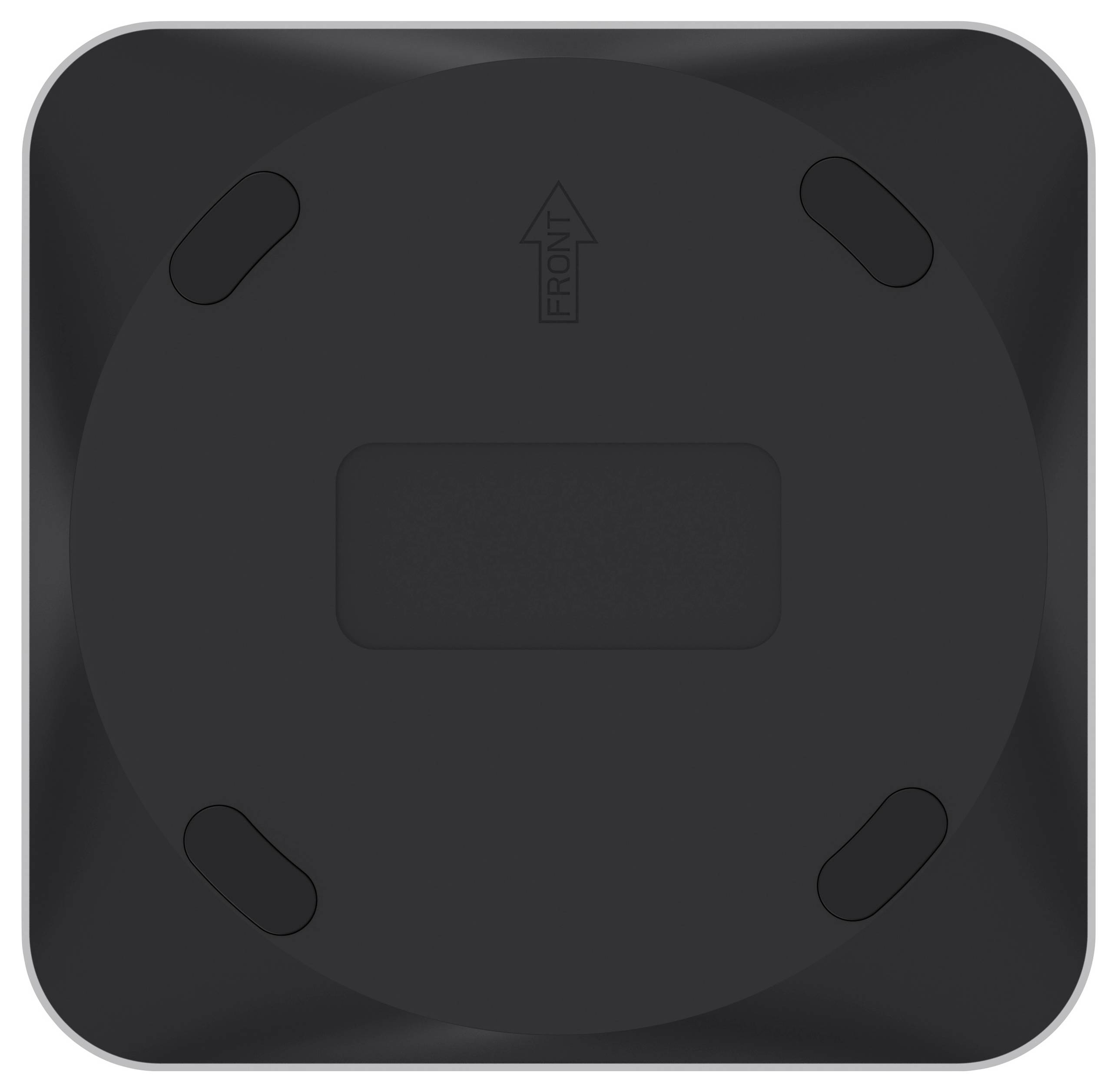 Ein schwarzes, kreisförmiges Objekt mit vier gleichmäßig verteilten Griffen und einem Pfeil, der die Richtung 