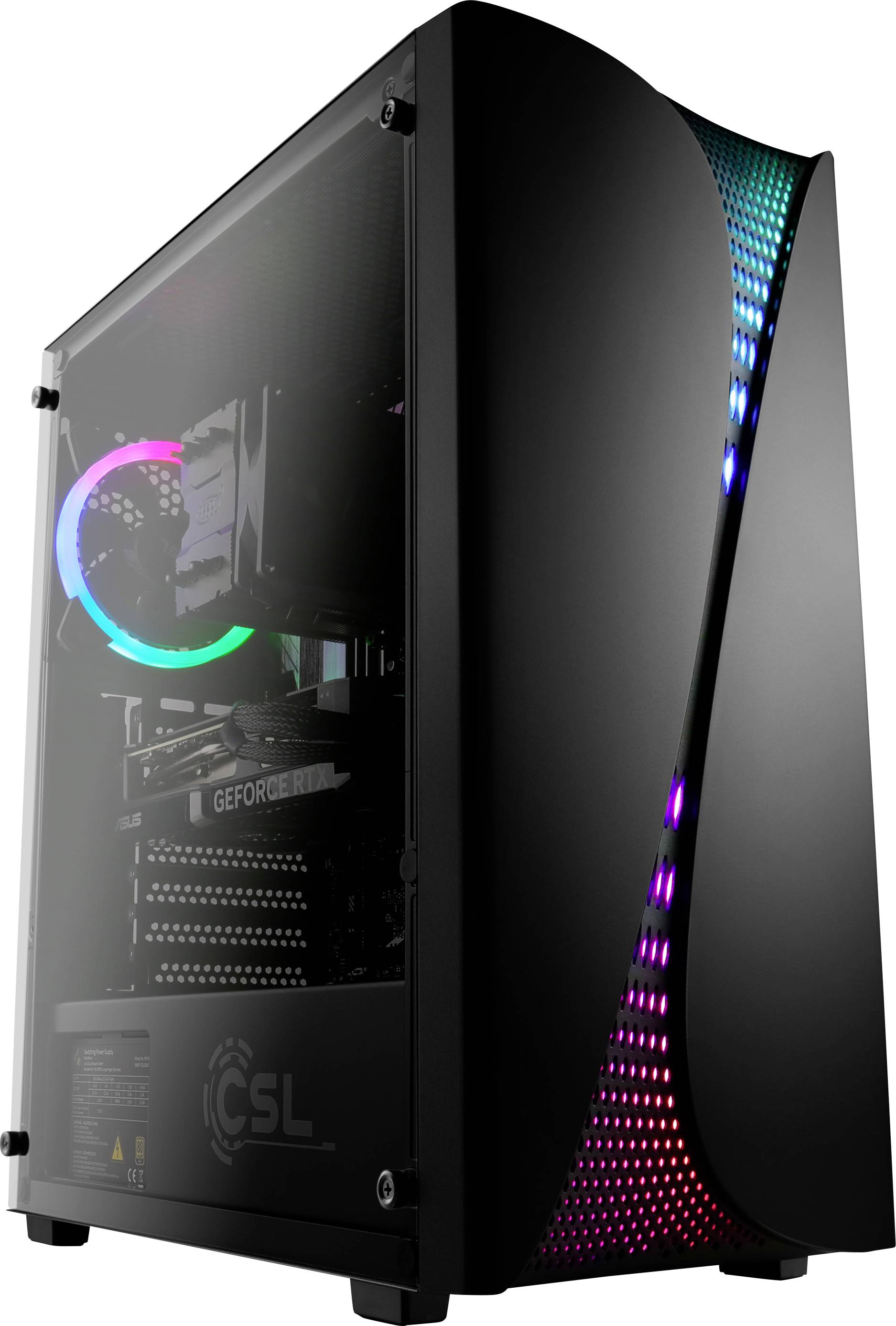 Ein schlanker schwarzer Gaming-Computertower mit transparentem Seitenfenster, das die interne RGB-Beleuchtung und eine sichtbare Grafikkarte offenbart.