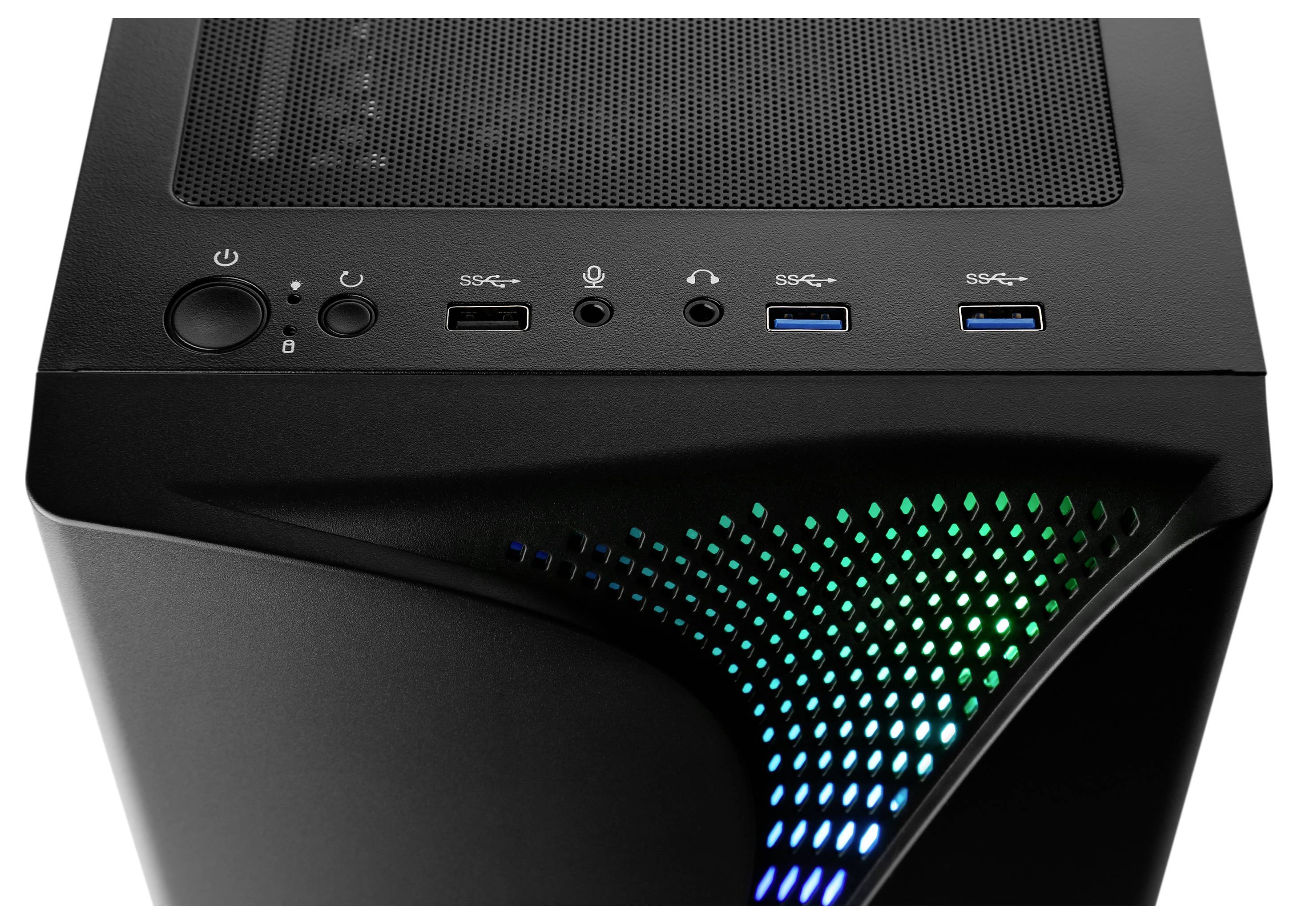 Ein schwarzes Computergehäuse mit oben angebrachten Anschlüssen, darunter Einschalter, Kopfhörerbuchse, USB und einer leuchtend blauen und grünen Netzfront.