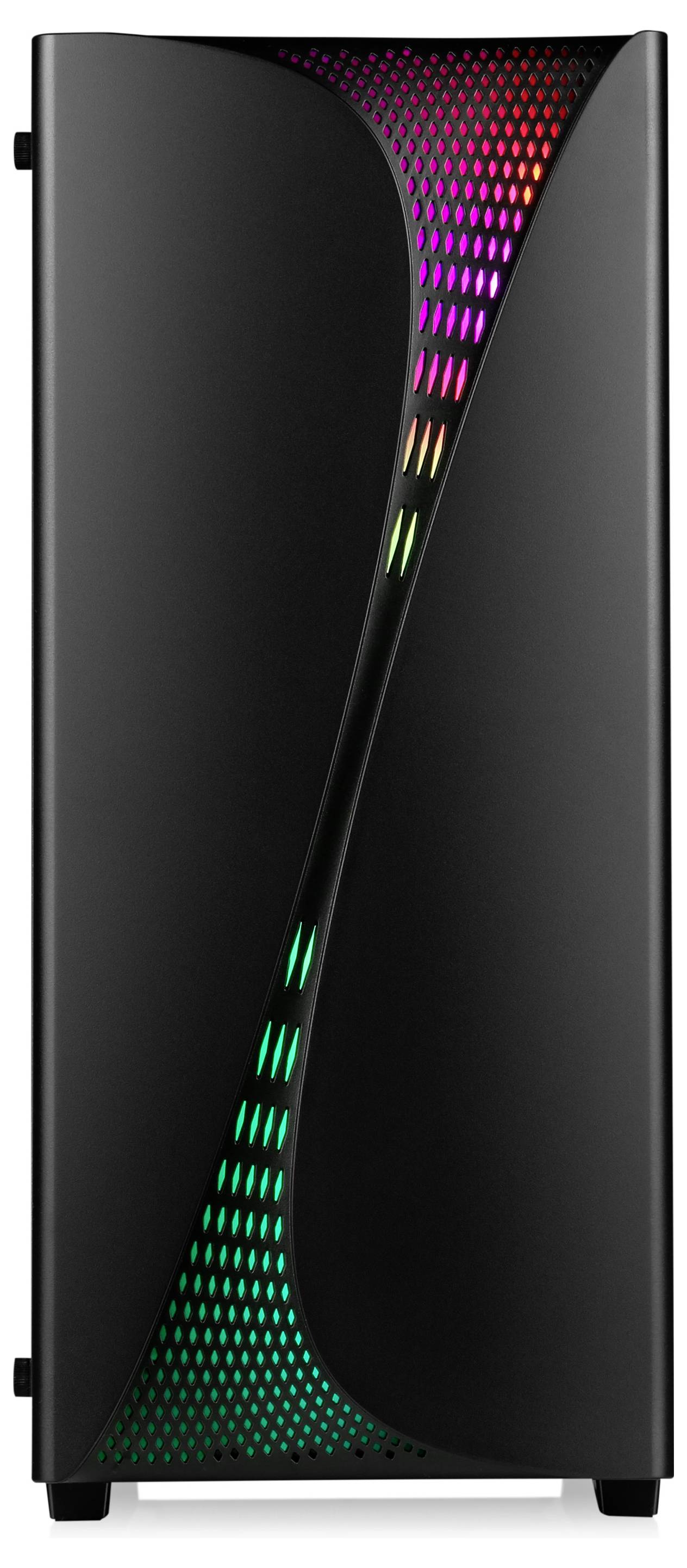 Ein schlanker schwarzer Computerturm mit geschwungener RGB-Beleuchtung entlang der Frontplatte, die ein Spektrum von Farben von Rot bis Grün ausstrahlt.