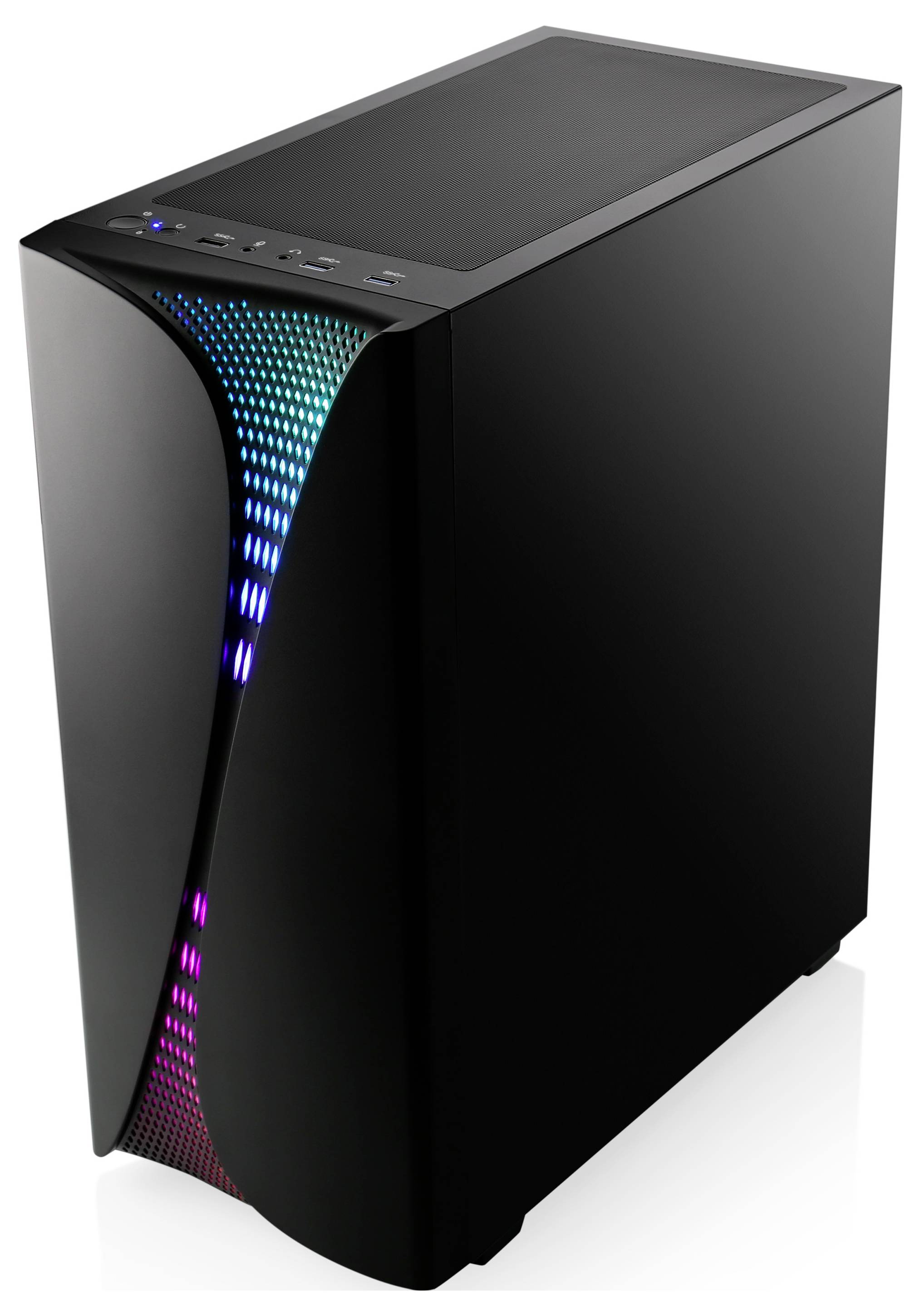 Ein schwarzer Computer-Tower mit bunten LED-Lichtern auf dem Frontpanel, der einen futuristischen Look kreiert.