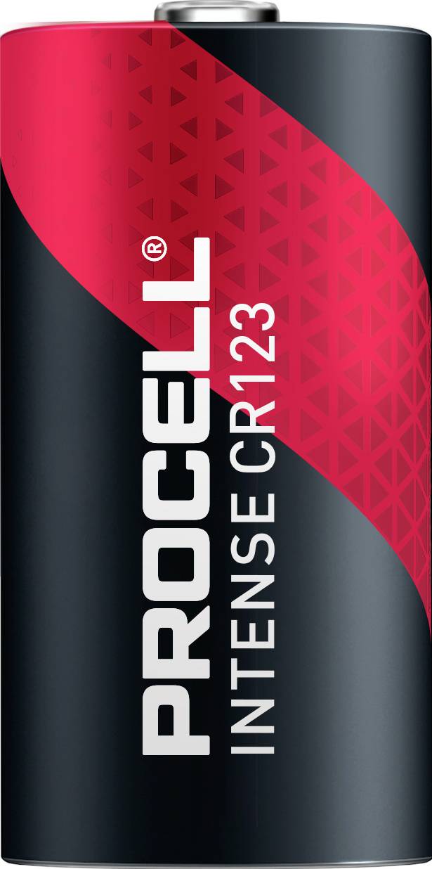 Batterie 'PROCELL INTENSE CR123' mit rot-schwarzem Design, ausgestattet mit geometrischem Muster.