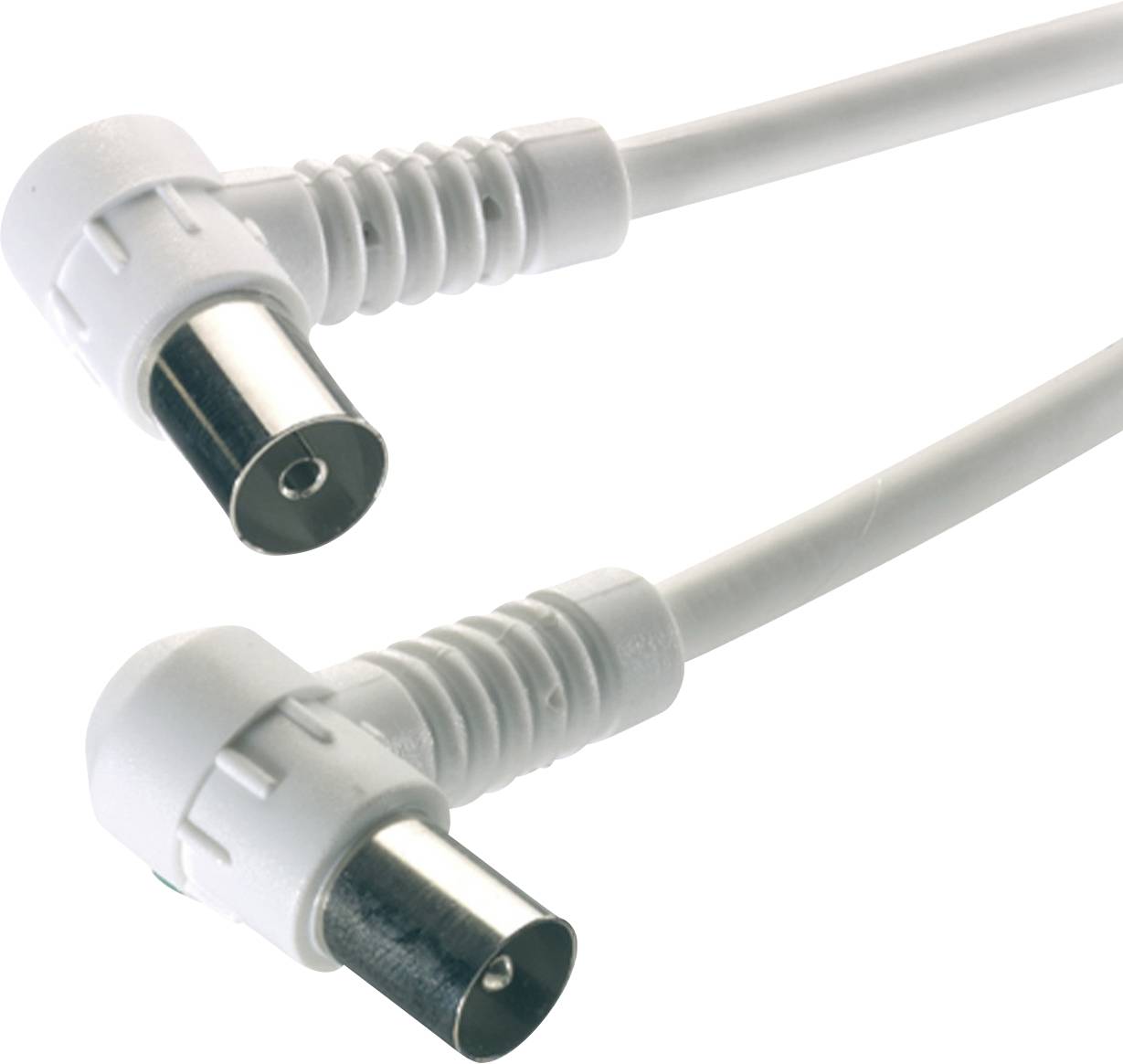 „Zwei weiße koaxiale Kabel mit Steckern, wobei ein Ende abgewinkelt und das andere Ende gerade ausgerichtet ist.