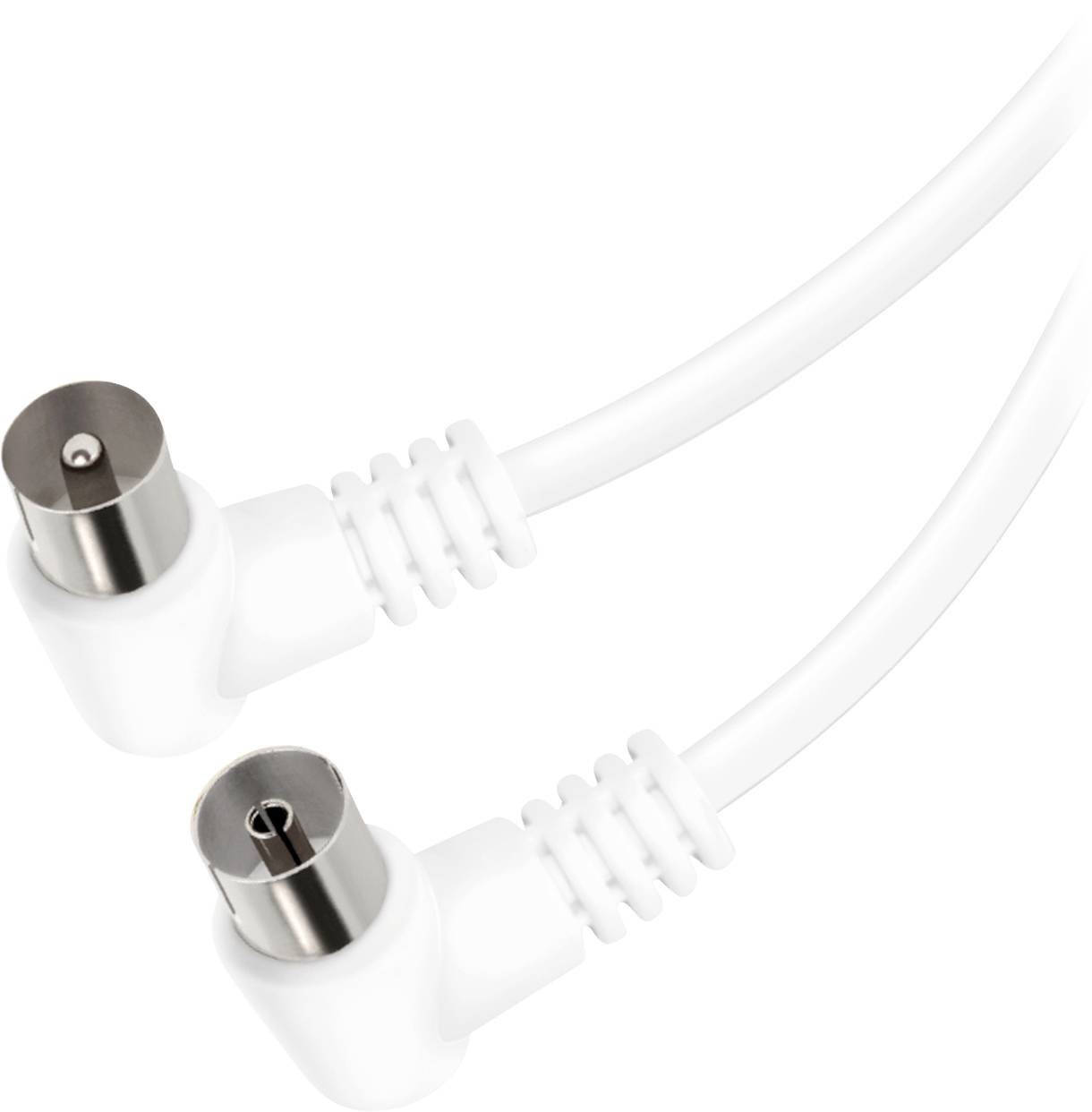 Zwei weiße koaxiale Kabel mit Metallverbindern, aufgerollt und einsatzbereit für Verbindungen in Audio- und Videogeräten.