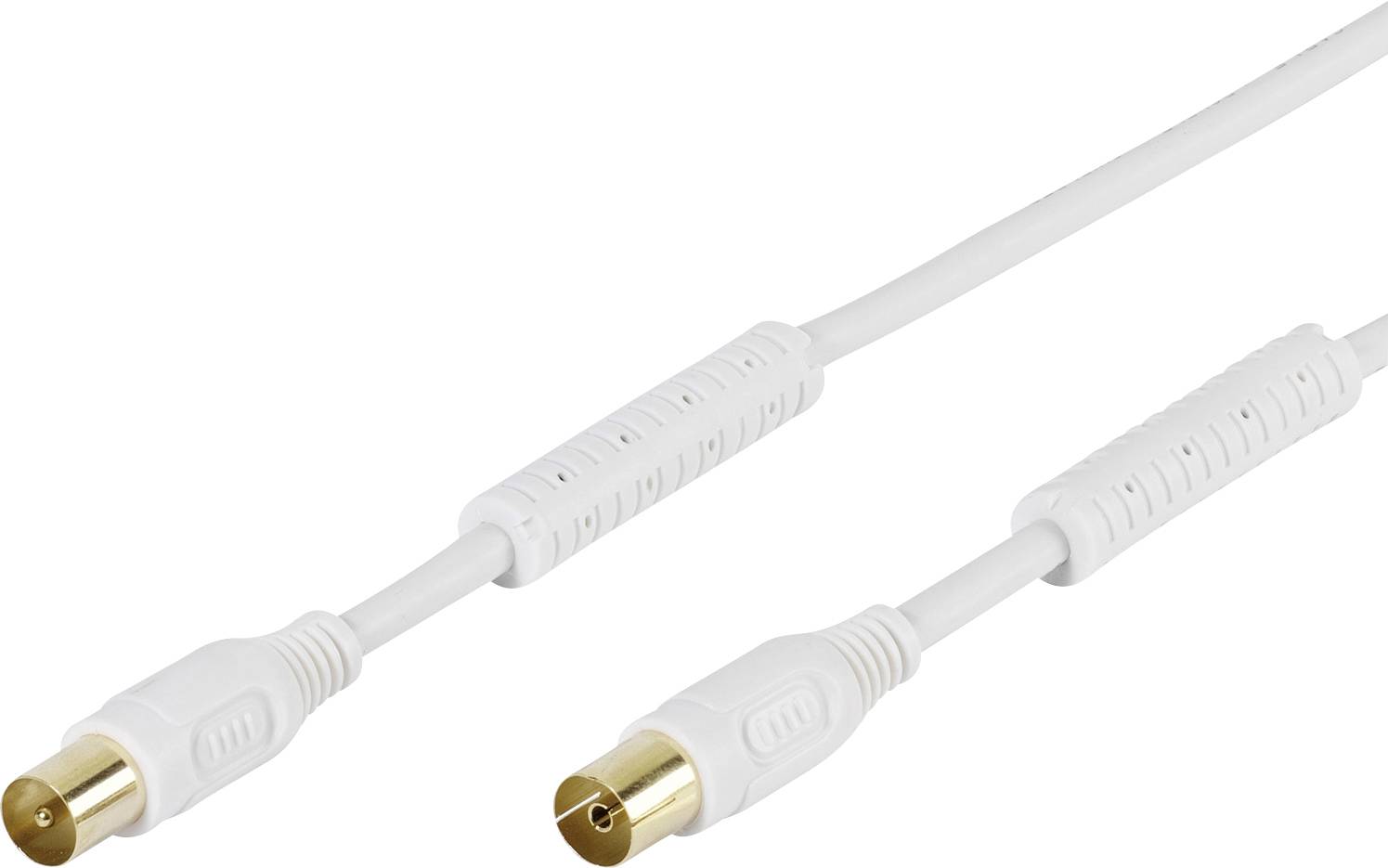 Ein weißes Koaxialkabel mit vergoldeten Steckern, das typischerweise für Audio- oder Videogeräteverbindungen verwendet wird.