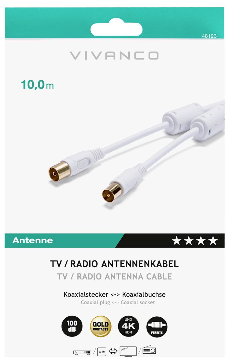 Vivanco 10,0m TV/Radio-Antennenkabel mit Koaxialstecker und -buchse, für 100 dB ausgelegt, Gold Direct, ULTRA HD 4K Ready, Störungsschutz.