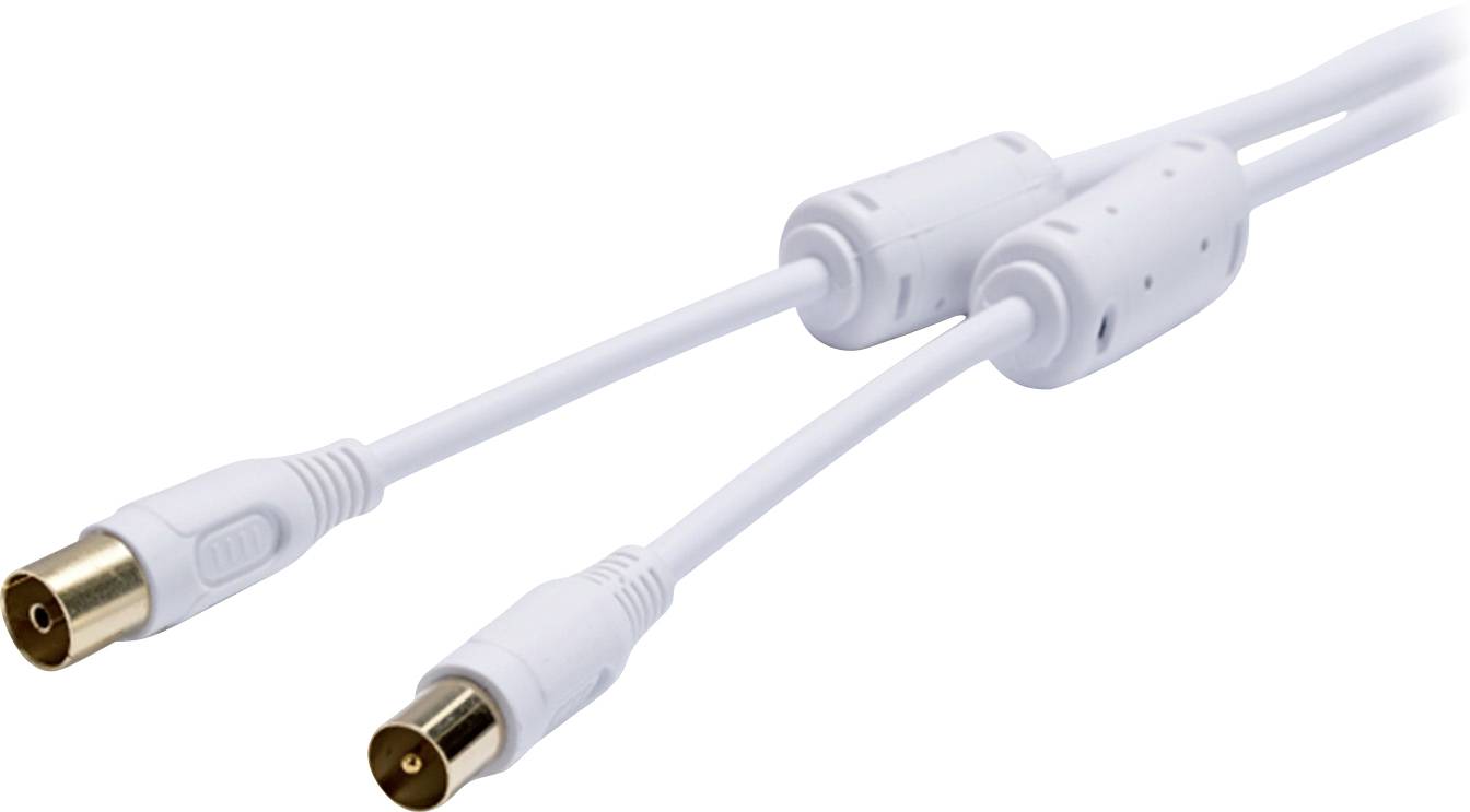 Zwei weiße koaxiale Kabel mit Metallsteckern und Kunststoffgehäusen, die zur Übertragung von Fernseh- und Funksignalen verwendet werden.