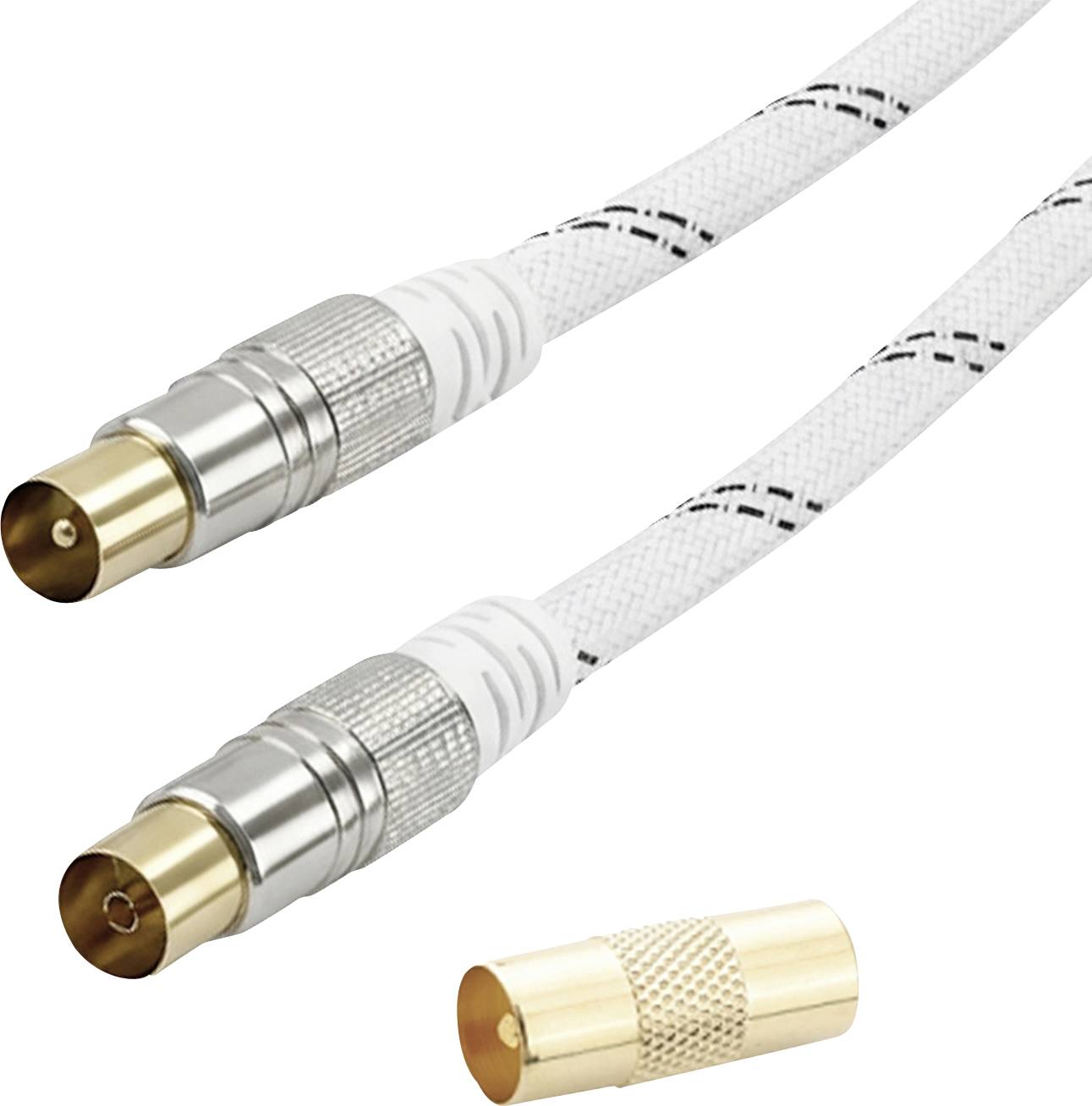 Antennenkabel mit silbernen Steckern und vergoldetem Adapter, das seine Nützlichkeit für elektronische Verbindungen unterstreicht.