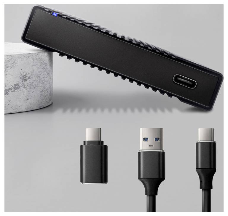 Tragbare externe Festplatte mit strukturiertem Design, ausgestattet mit USB-C- und USB-A-Anschlüssen für vielseitige Konnektivität.