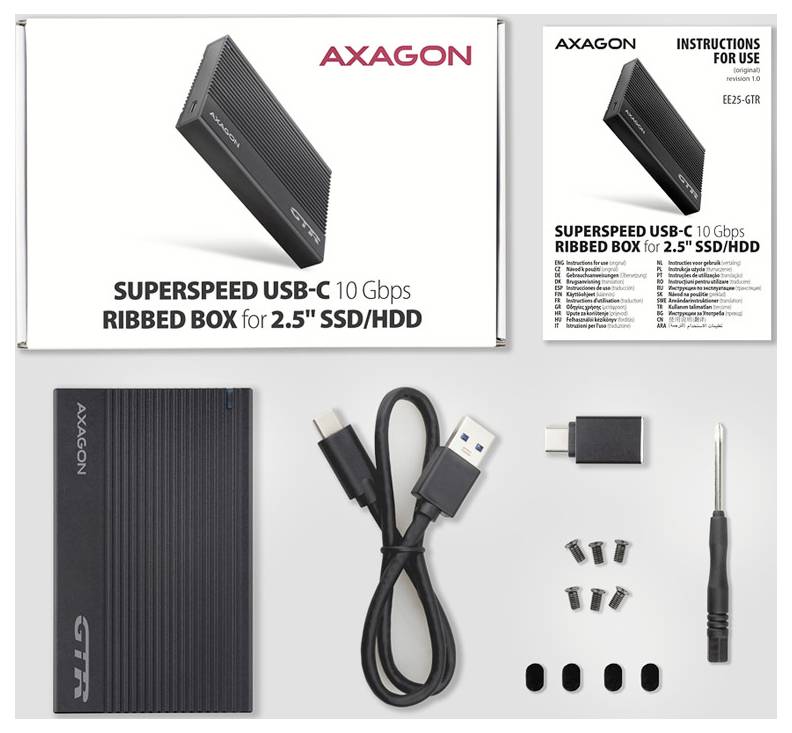 Axagon USB-C gerippte Verpackungsbox mit SSD-Gehäuse, USB-Kabel, Schraubendreher, Schrauben und Bedienungsanleitung.