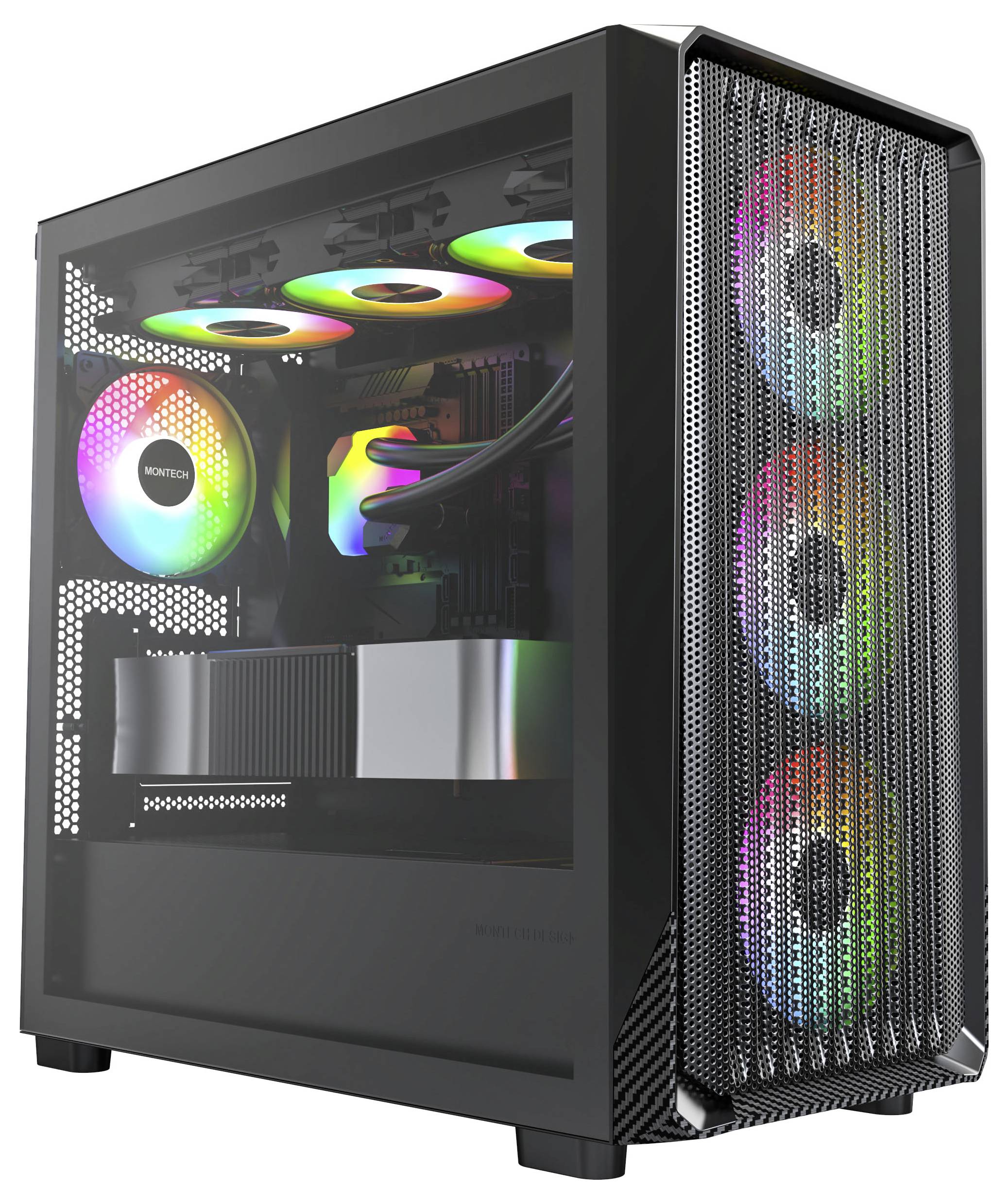 Ein Computergehäuse mit transparentem Seitenpanel zeigt interne Komponenten, die von bunten RGB-Lichtern beleuchtet werden, darunter Lüfter und Kühlsysteme.