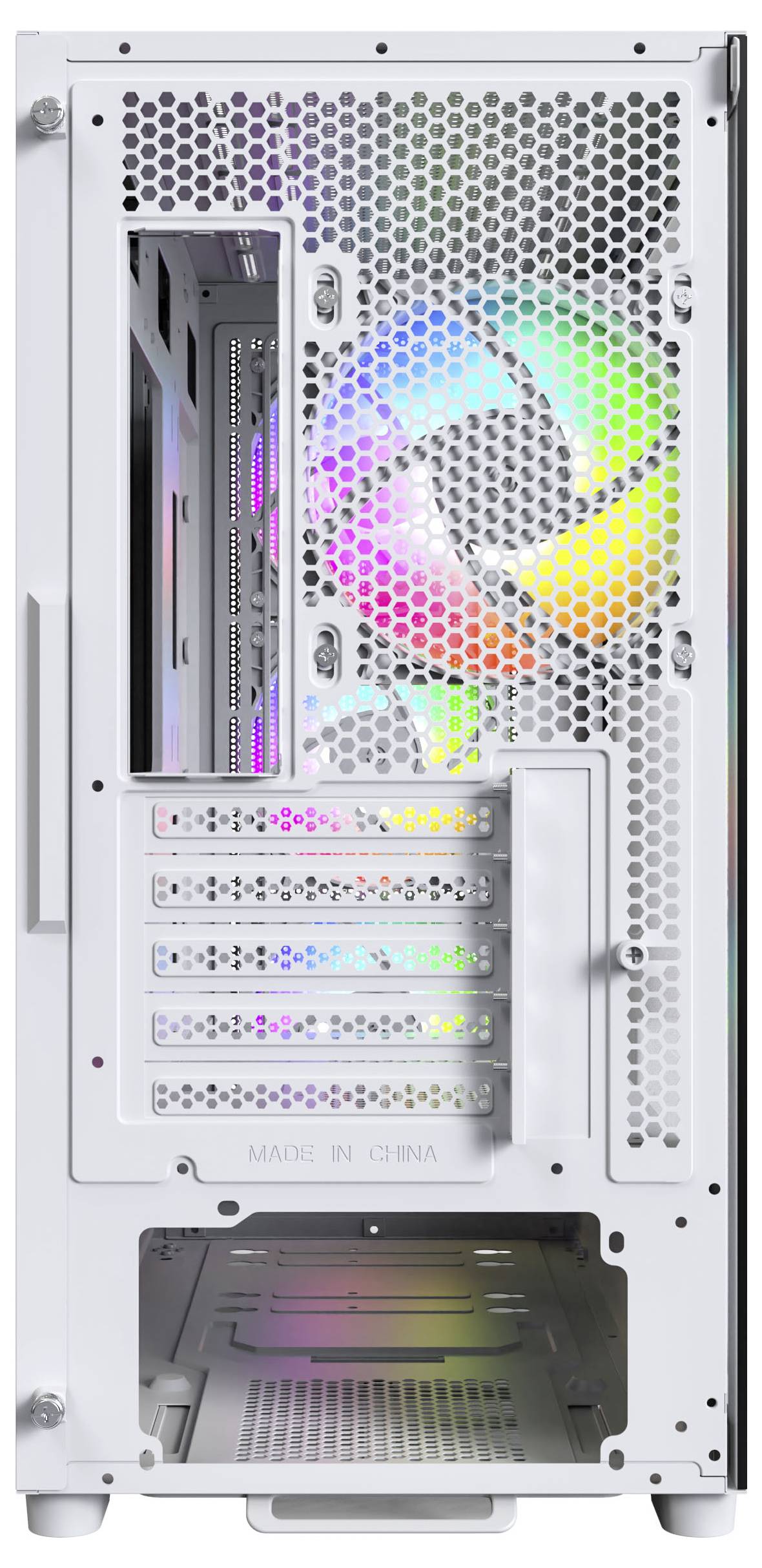 Ein weißes Computergehäuse mit Seitenansicht, das einen RGB-Lüfter und mehrere Erweiterungsslots zeigt. Das Innere verfügt über farbenfrohe Beleuchtungseffekte.