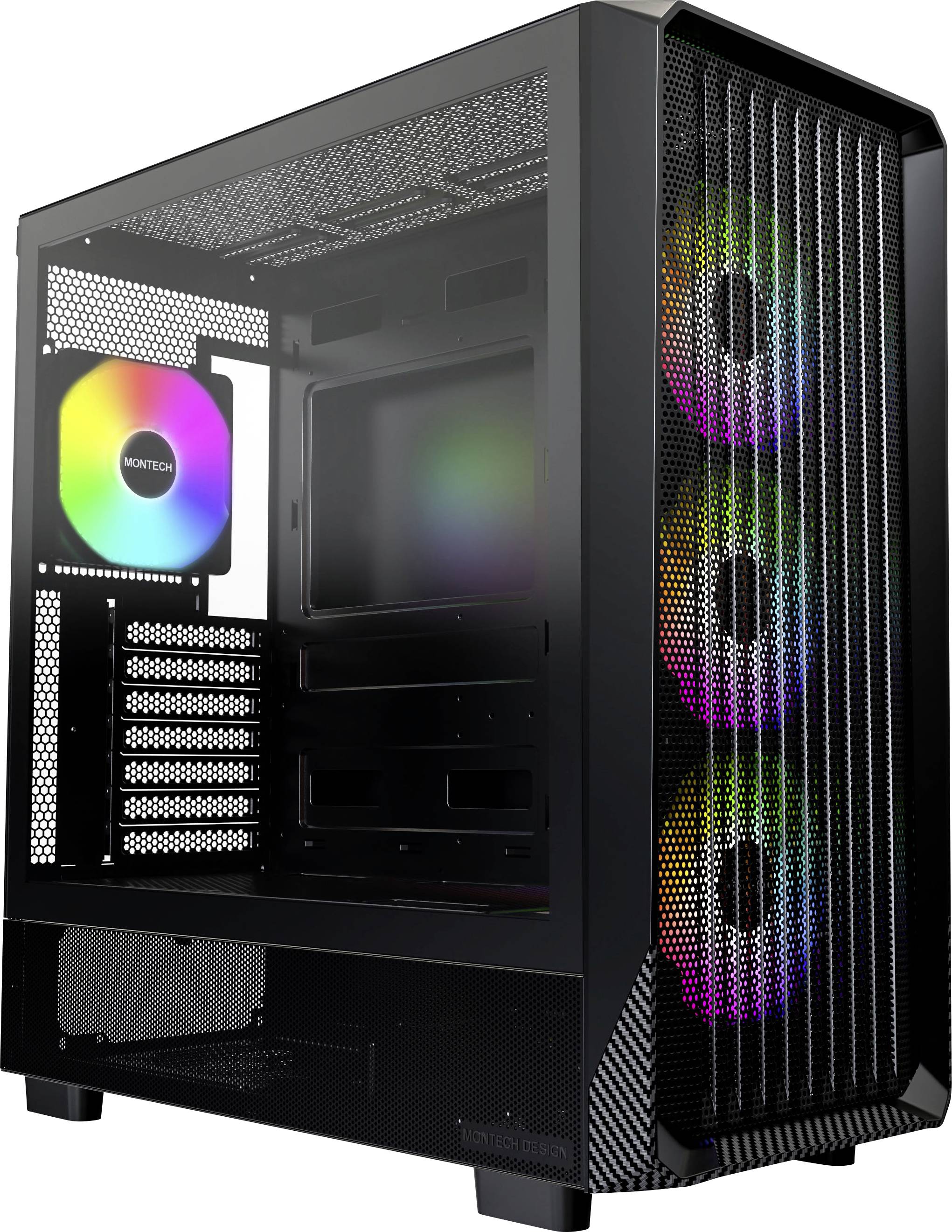 Ein schwarzes Computer-Gehäuse mit Gitterpanels, drei vorderen Lüftern und einem hinteren Lüfter mit anpassbarer RGB-Beleuchtung.