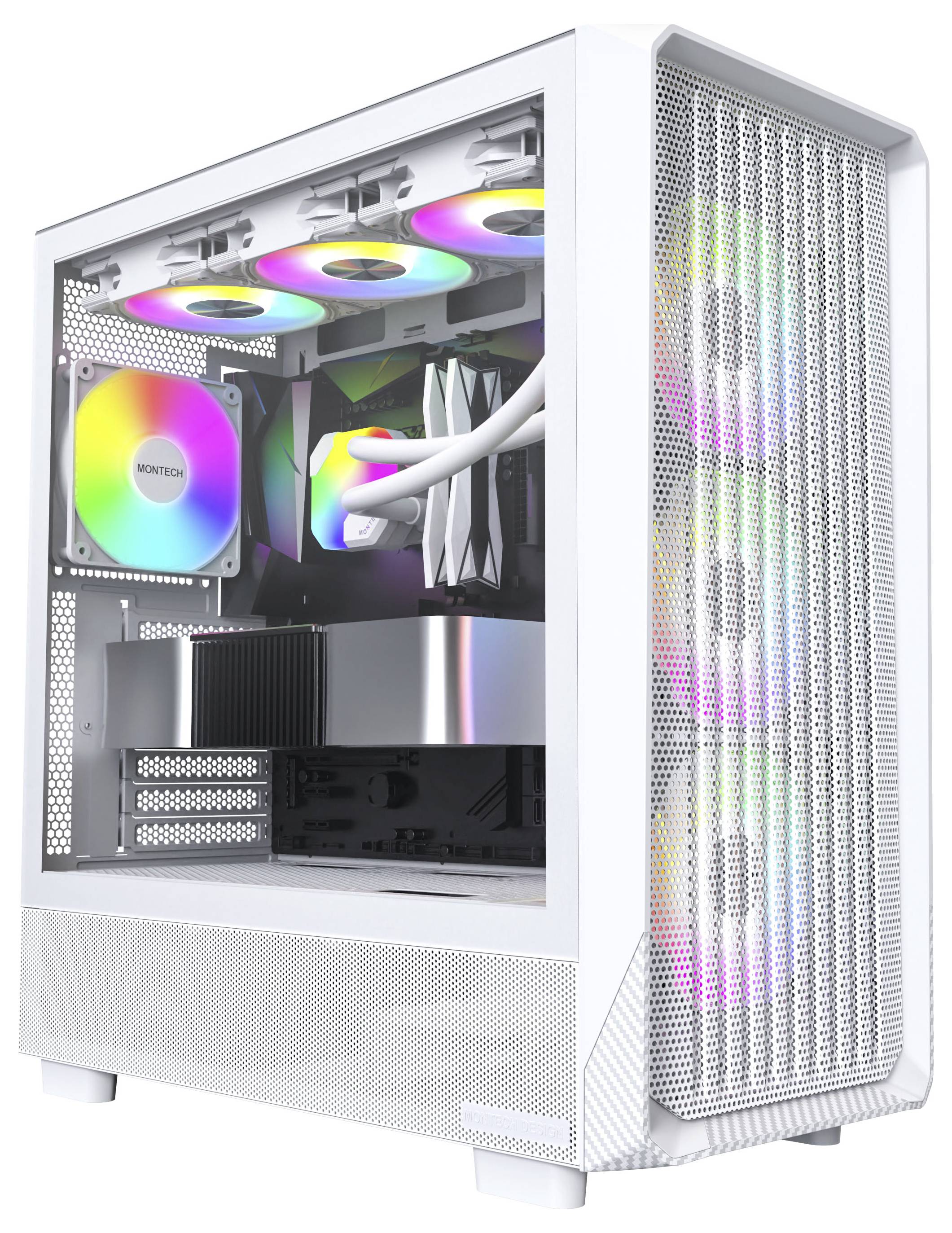 Ein schlanker weißer Gaming-Computergehäuse mit RGB-Beleuchtung auf den Lüftern, sichtbar durch eine Glasscheibe; präsentiert modernes Design und technische Komponenten.