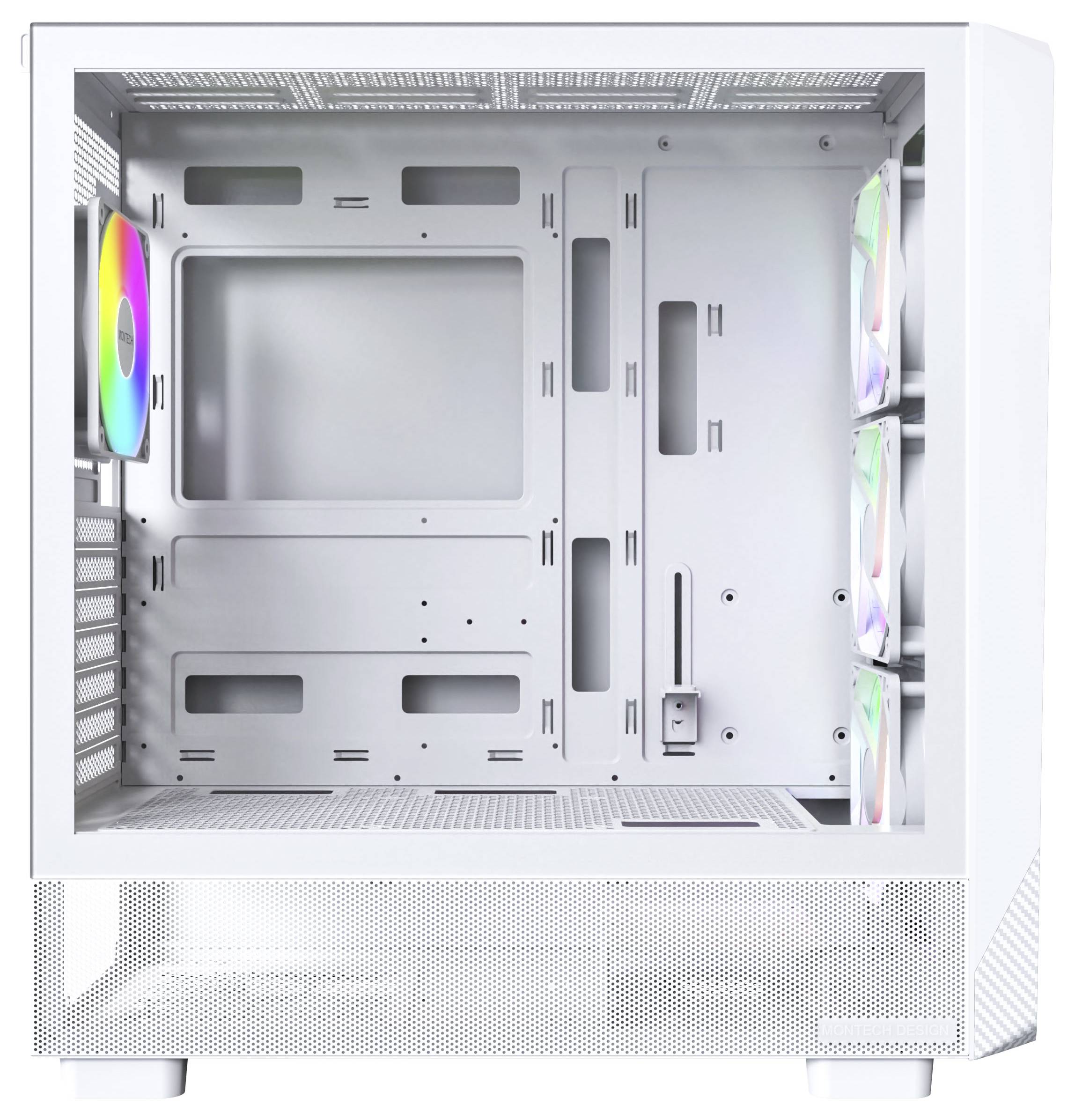 Ein weißer Computer-Tower mit transparenten Seitenpanels und mehrfarbigen LED-Lüftern, mit sichtbaren Einschüben für Komponenten und Luftbelüftung.