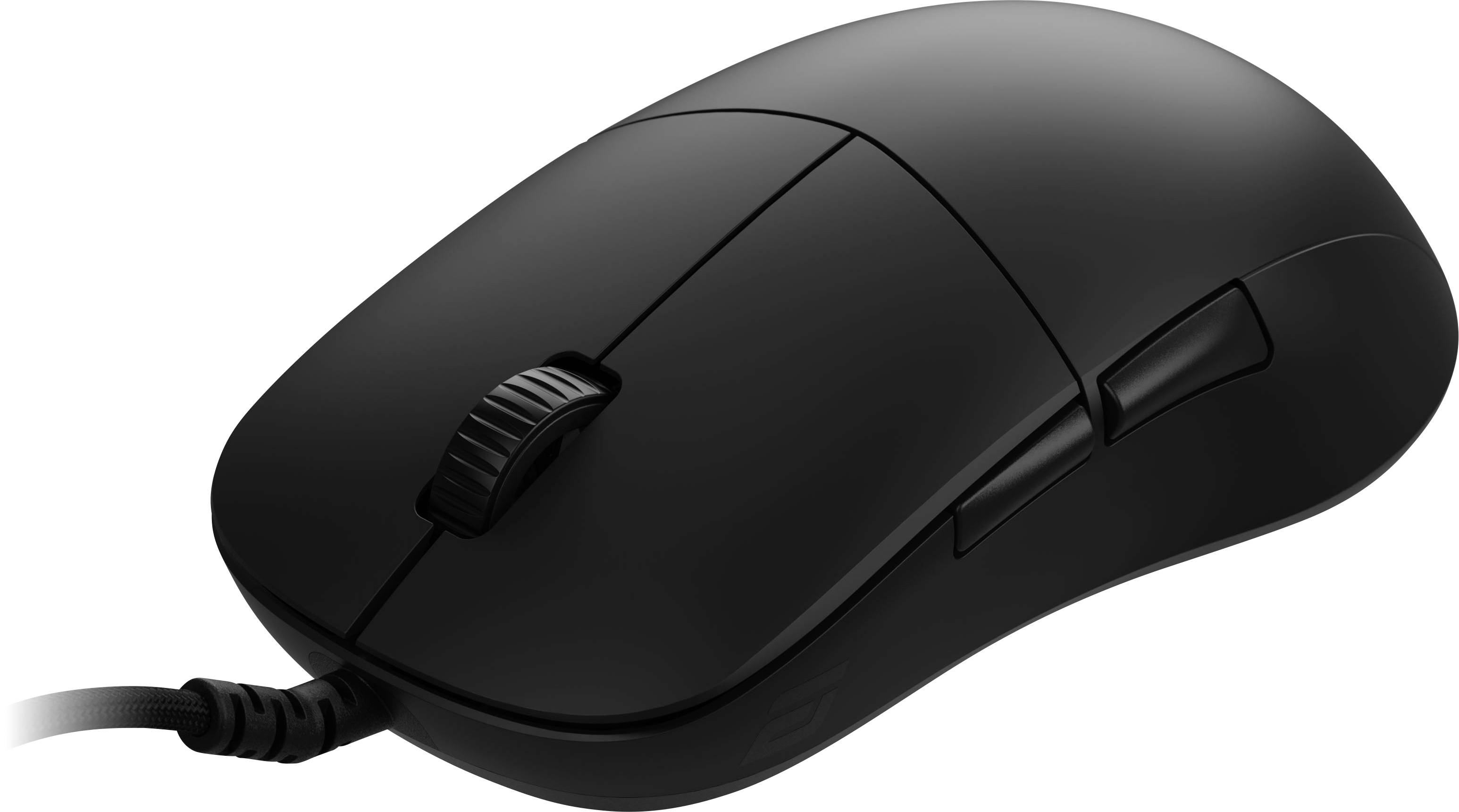 Eine schwarze Computermaus mit einem Scrollrad und zwei Tasten ist durch ein Kabel auf einem schlichten weißen Hintergrund verbunden.