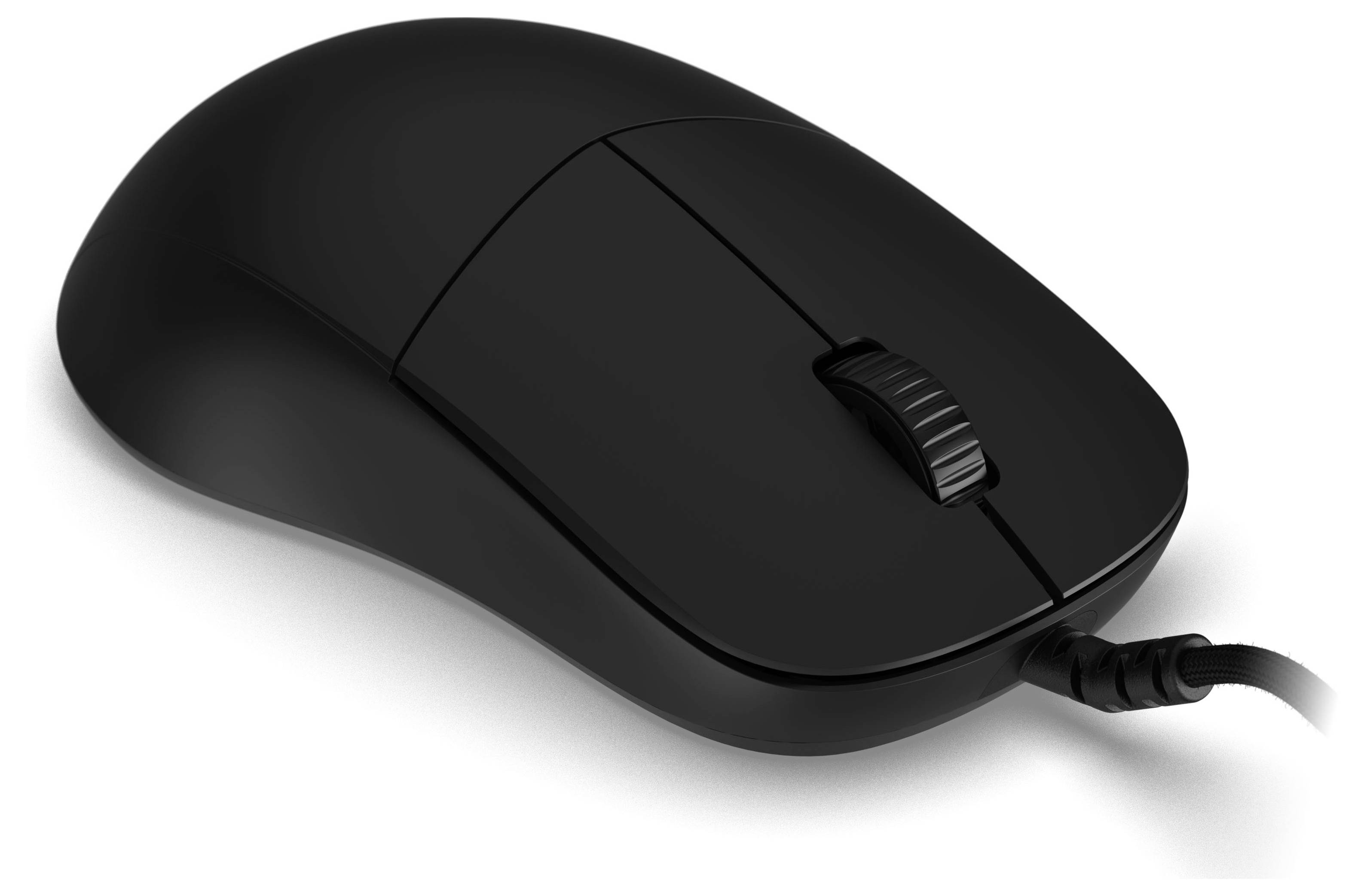 Eine schwarze Computermaus mit Scrollrad und zwei Tasten, verbunden durch ein Kabel. Sie ist dem Betrachter zugewandt positioniert.