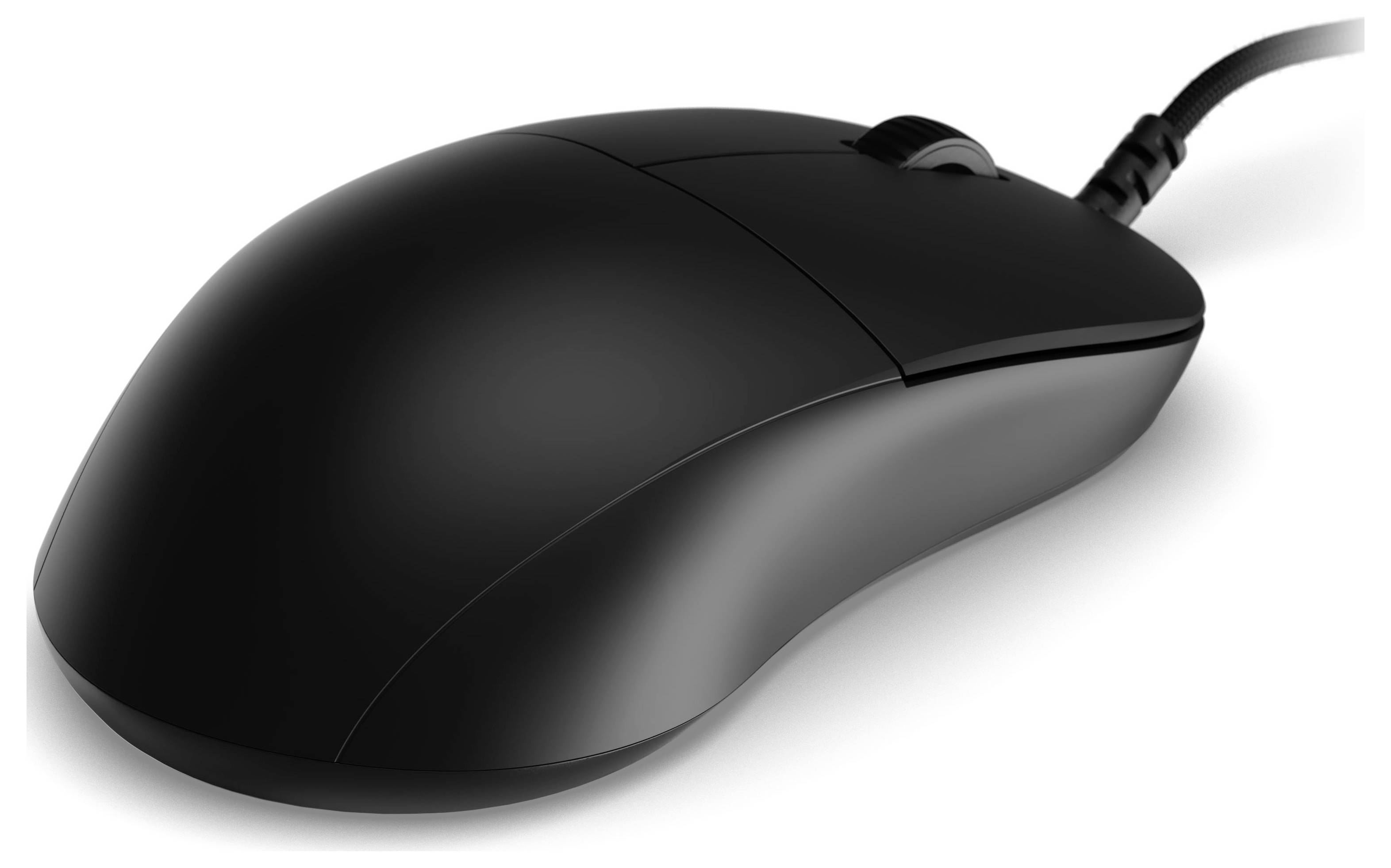 Eine elegante, schwarze Computermaus mit angeschlossenem Kabel, ausgestattet mit einem Scrollrad und zwei Tasten.