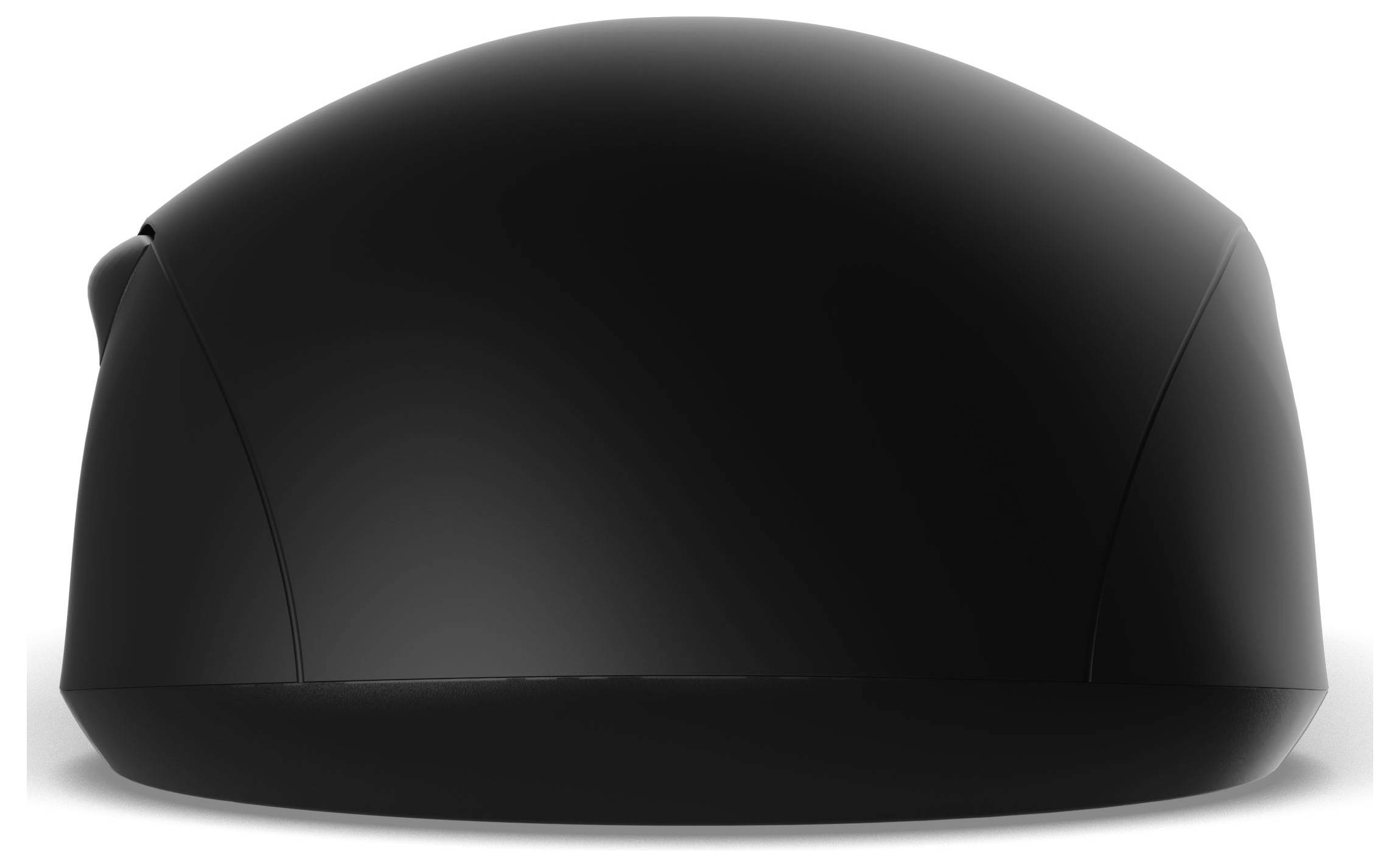 Eine schwarze ergonomische Computermaus von der Seite betrachtet, entwickelt mit einer vertikalen Neigung, um Handgelenkbelastung zu minimieren.