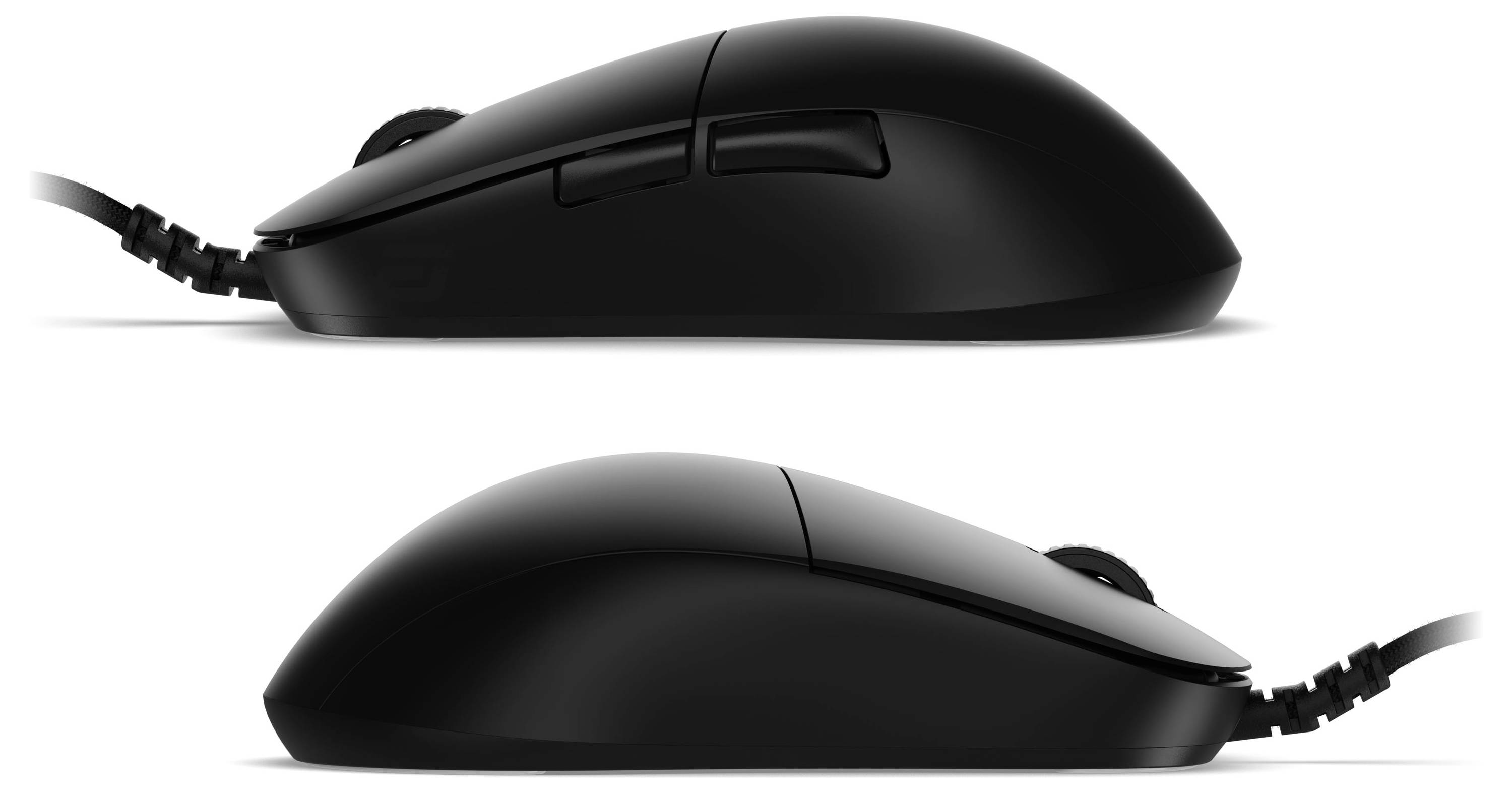 Eine weiße Computermaus mit einem Scrollrad und Seitentasten, verbunden durch ein Kabel, auf weißem Hintergrund dargestellt.