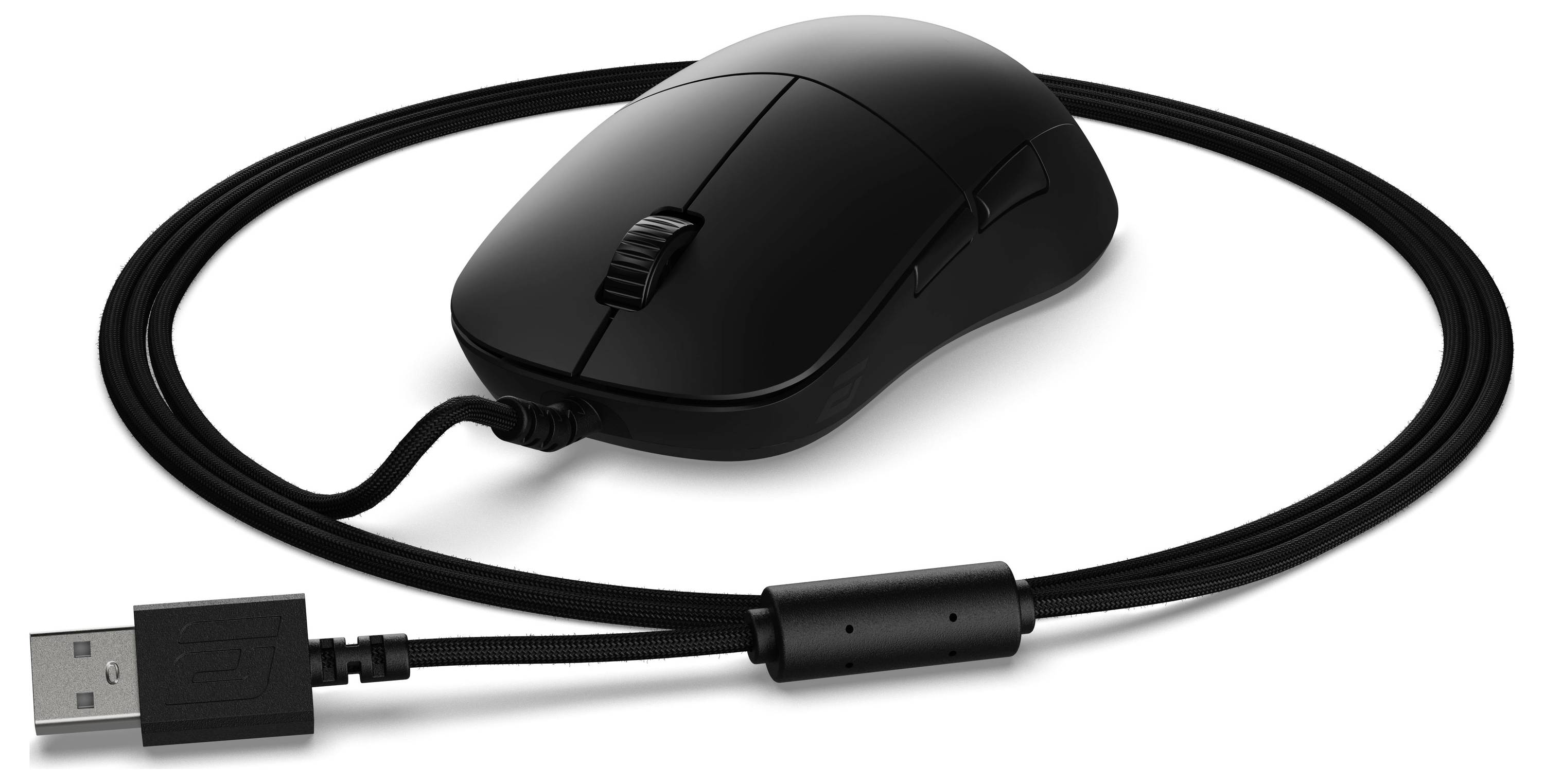 Eine schwarze kabelgebundene Computermaus mit USB-Anschluss und zwei Seitentasten, entwickelt für Präzision und Komfort bei digitalen Aufgaben.