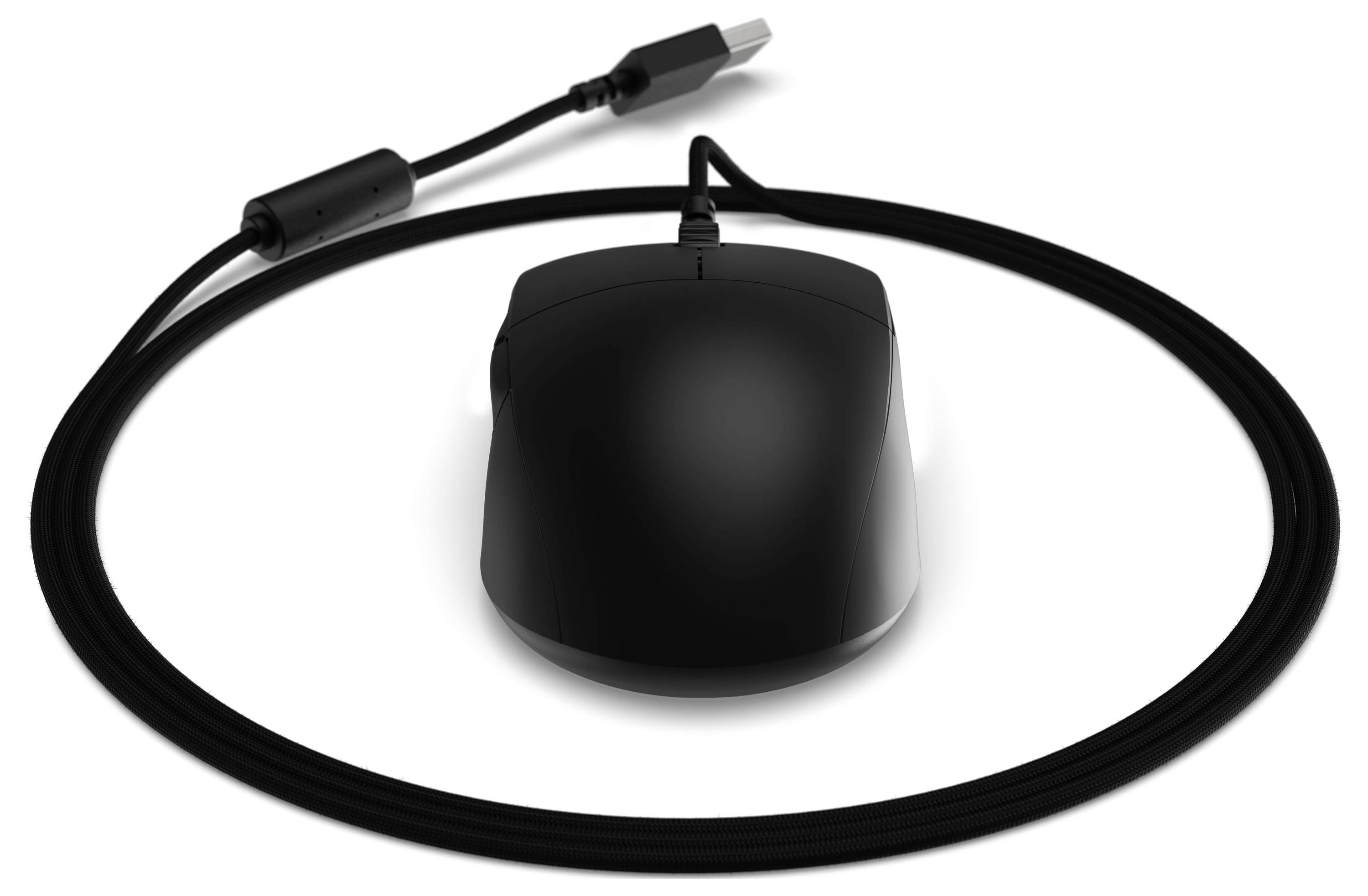 Eine schwarze kabelgebundene Computermaus mit einem langen Kabel, das sich nach oben erstreckt und sich in einer Schleife windet.