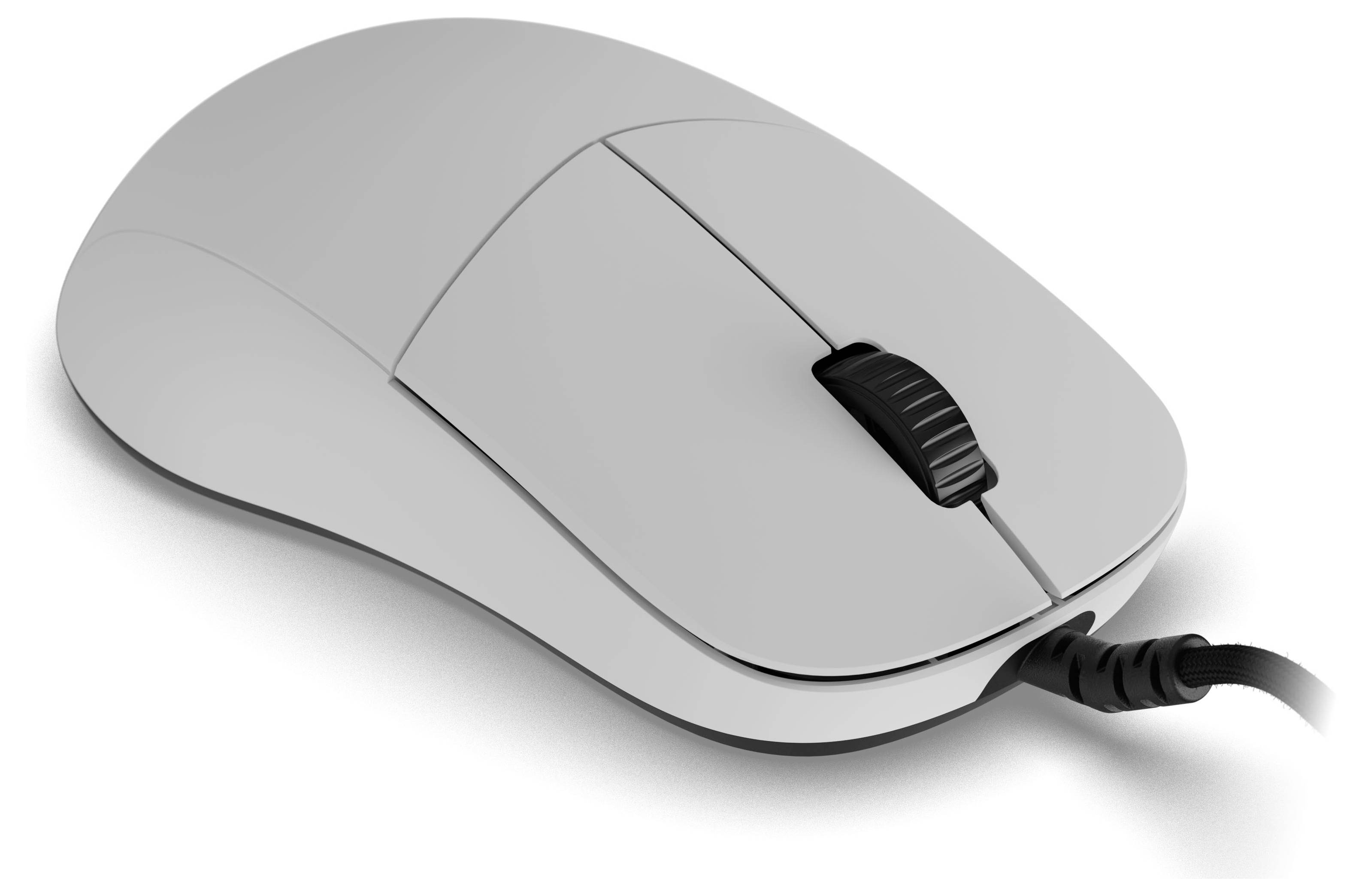 Eine graue kabelgebundene Computermaus mit einem Scrollrad, die für ergonomische Nutzung konzipiert ist, liegt auf einem weißen Hintergrund.